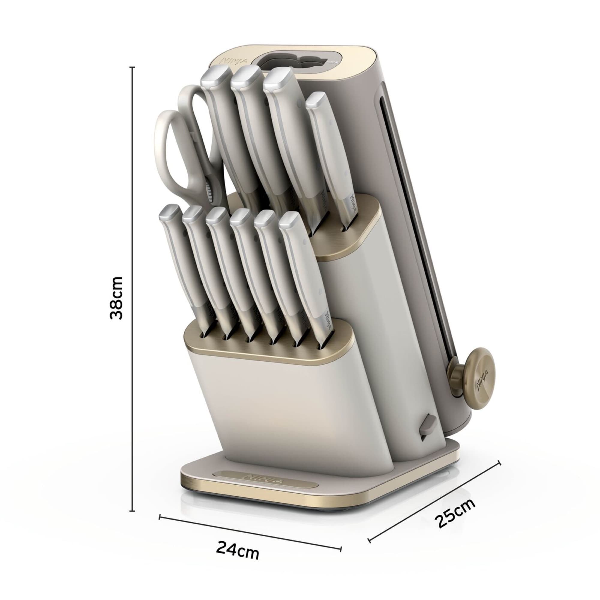 Knife block dimensions: approx. 38 cm tall, 24 × 25 cm