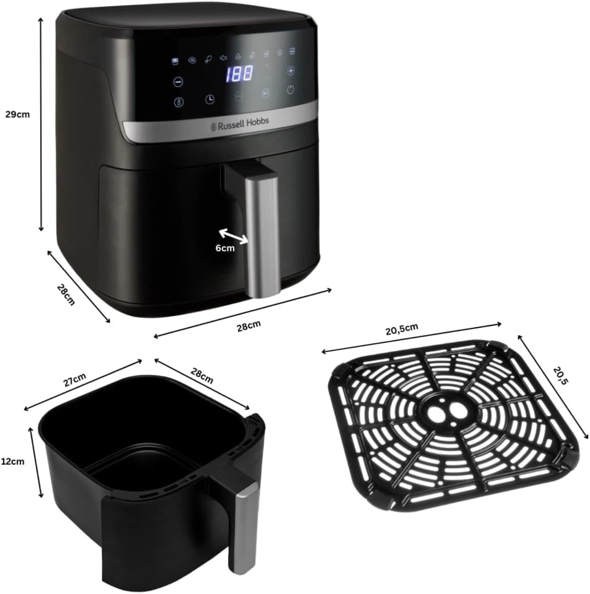 Dimensions of air fryer, basket and plate