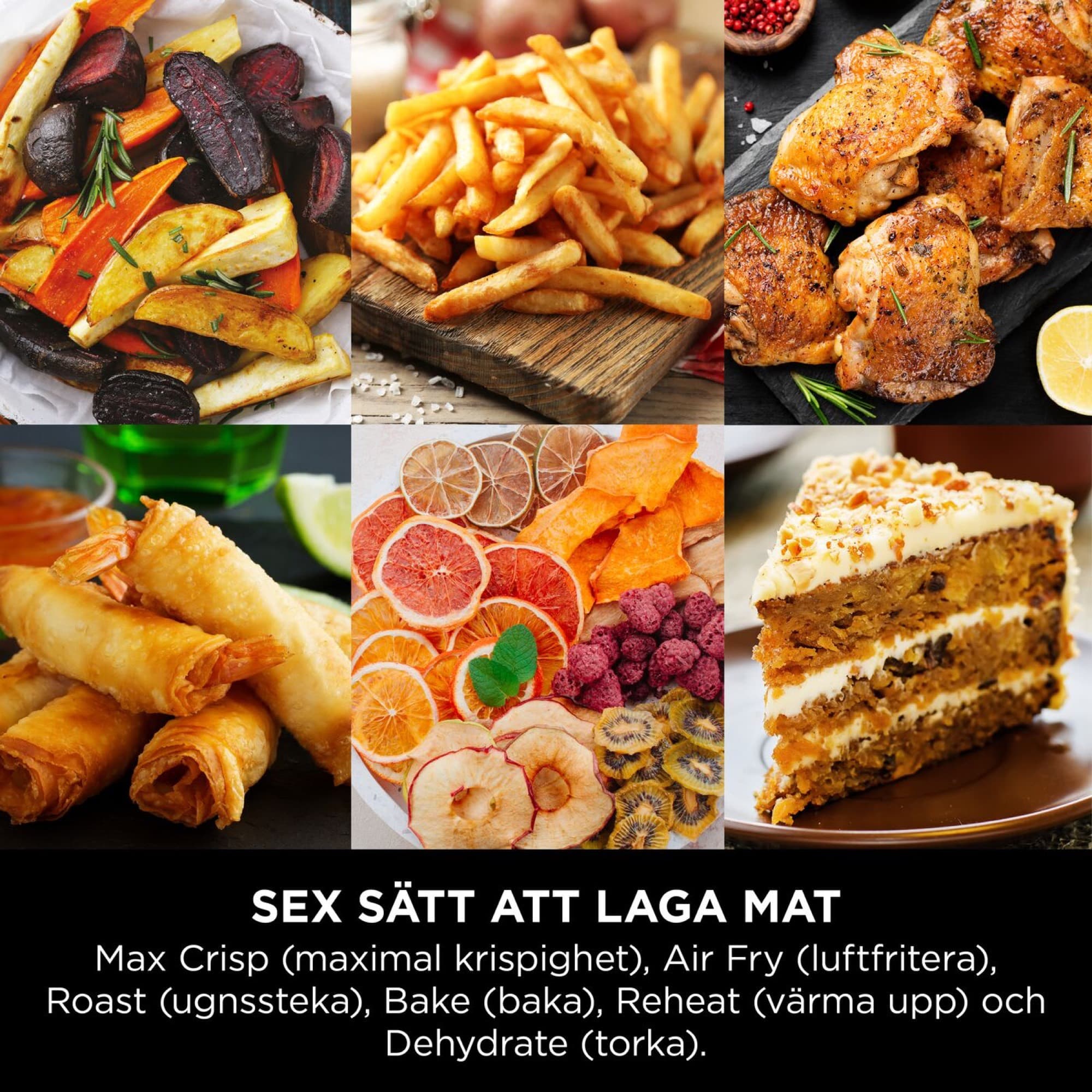 The six cooking modes with example dishes