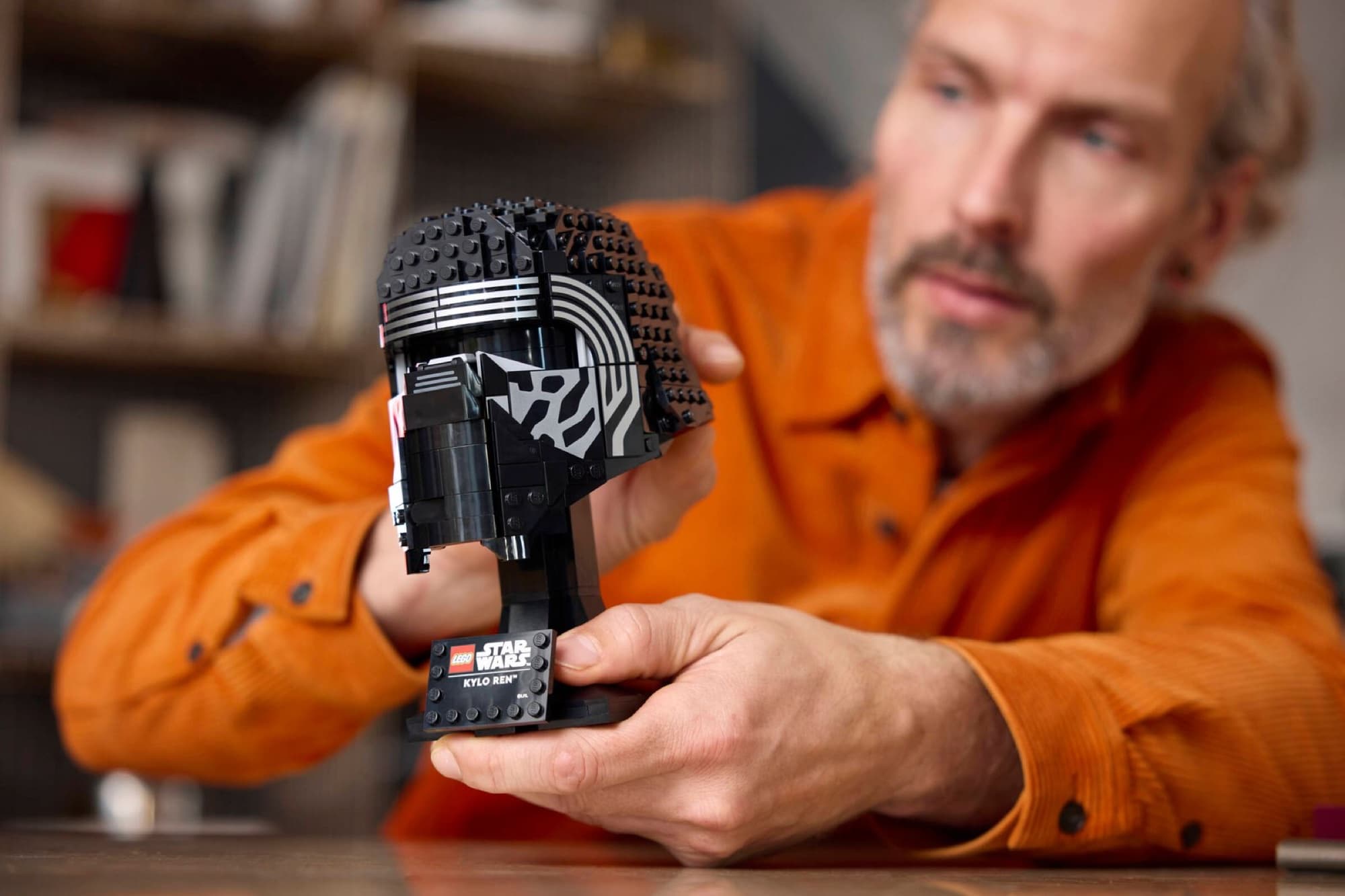 Kylo Ren's helmet being built and played with