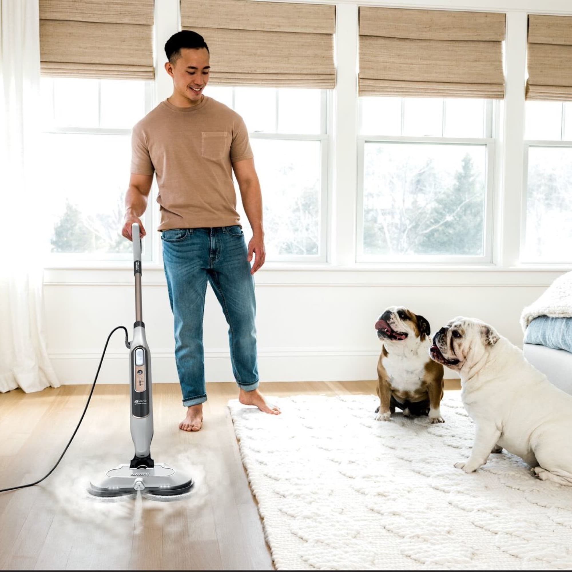 The steam mop in use in the living room