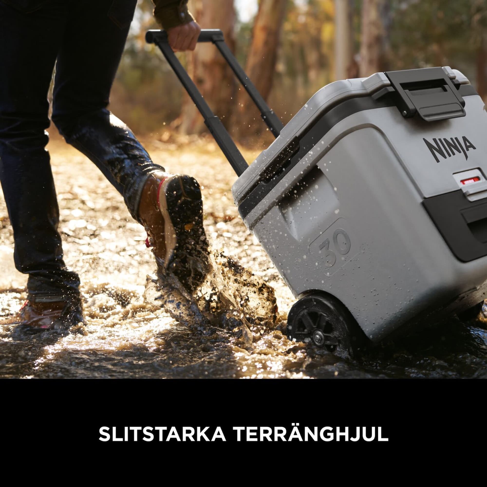 The cooler pulled on its all-terrain wheels