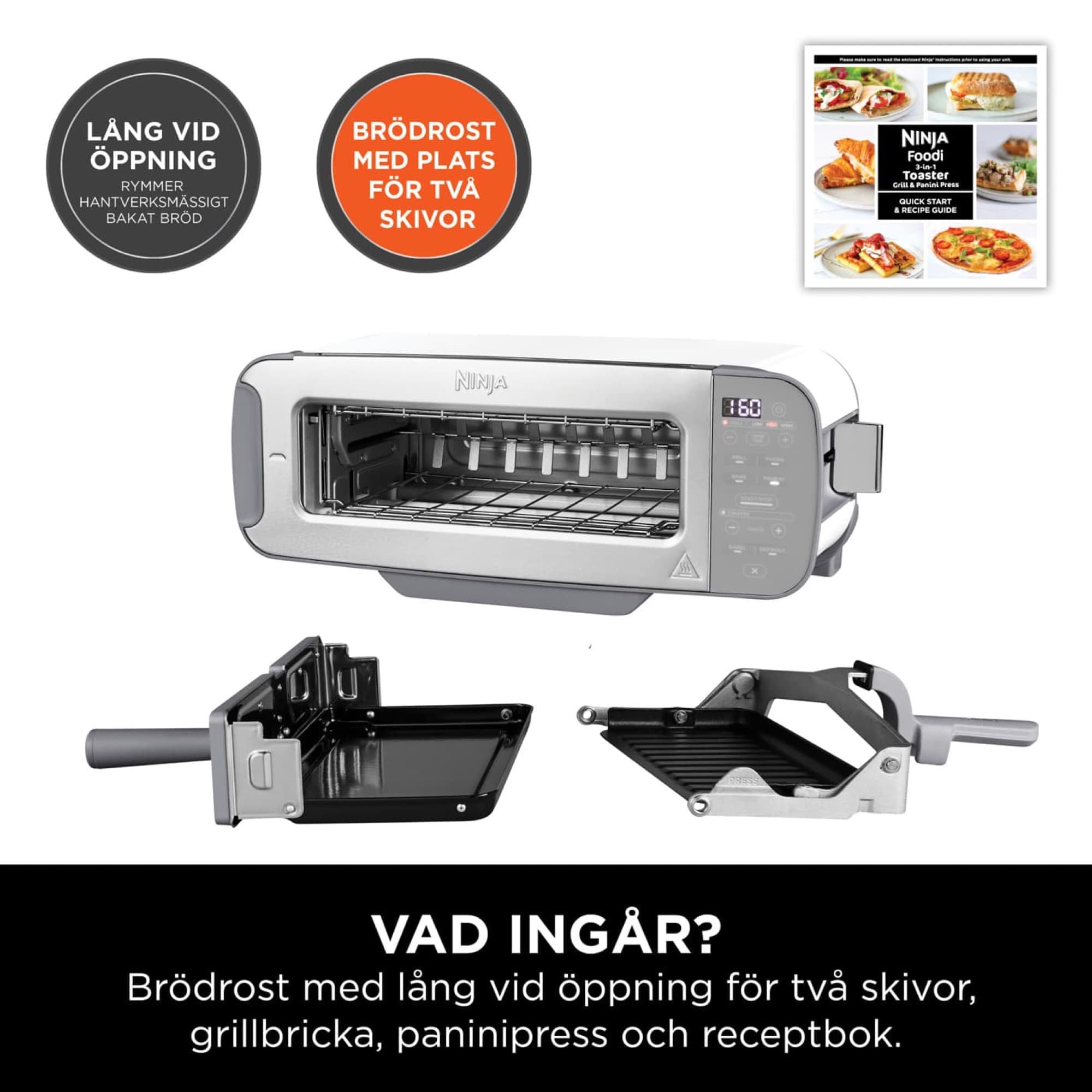 Toaster, grill tray, panini press and recipe book