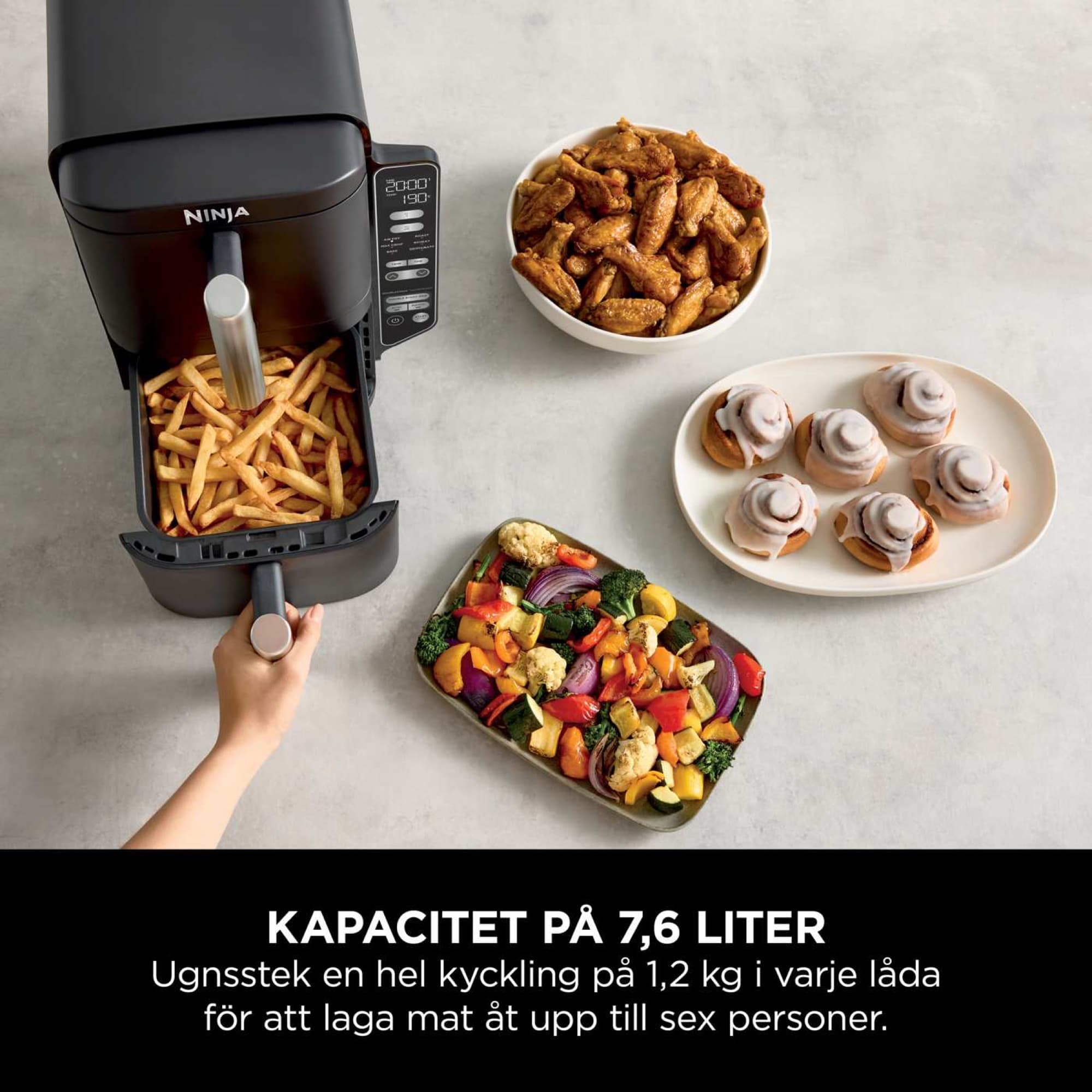 Fries in the upper drawer, vegetables and buns beside it