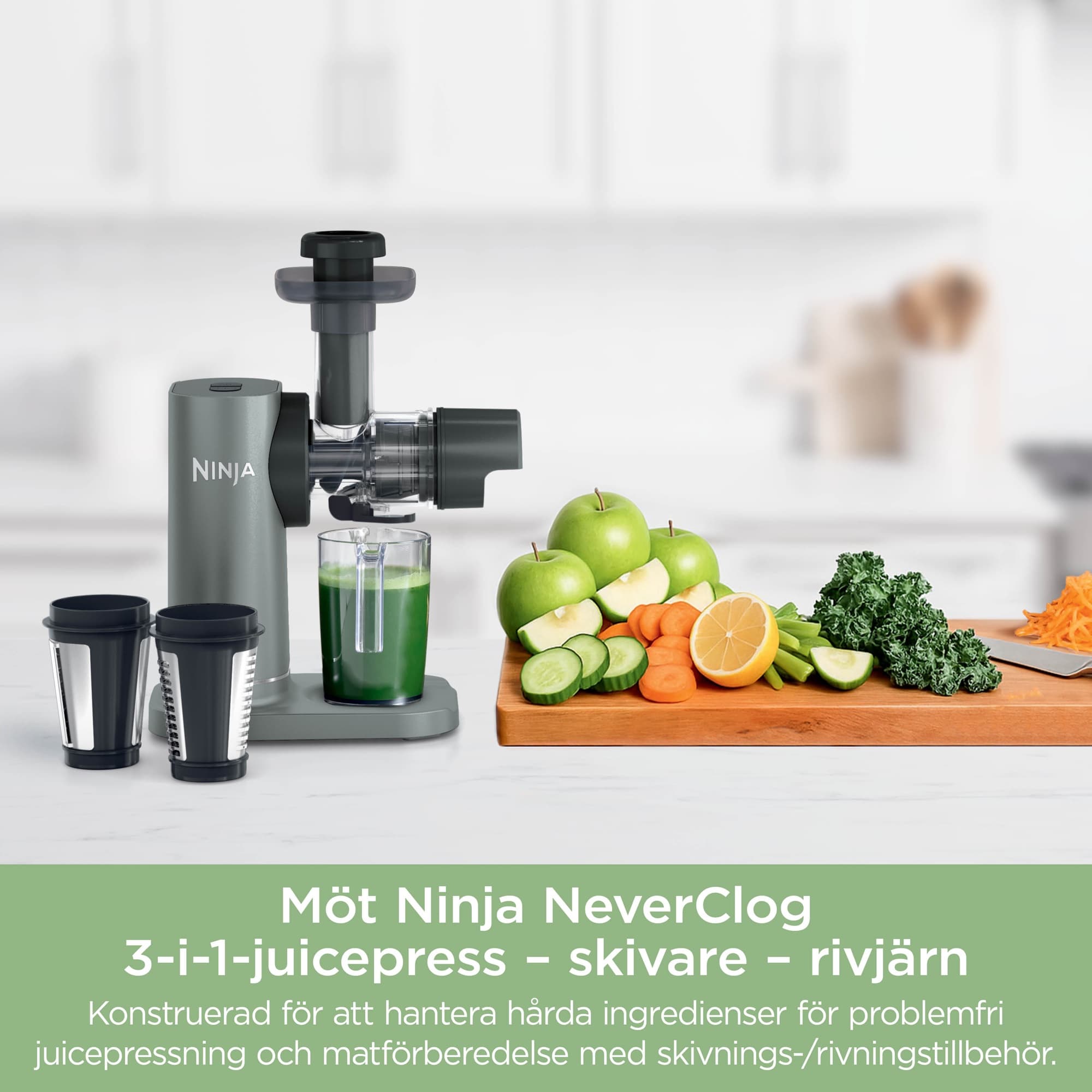 The juicer with green juice and vegetables
