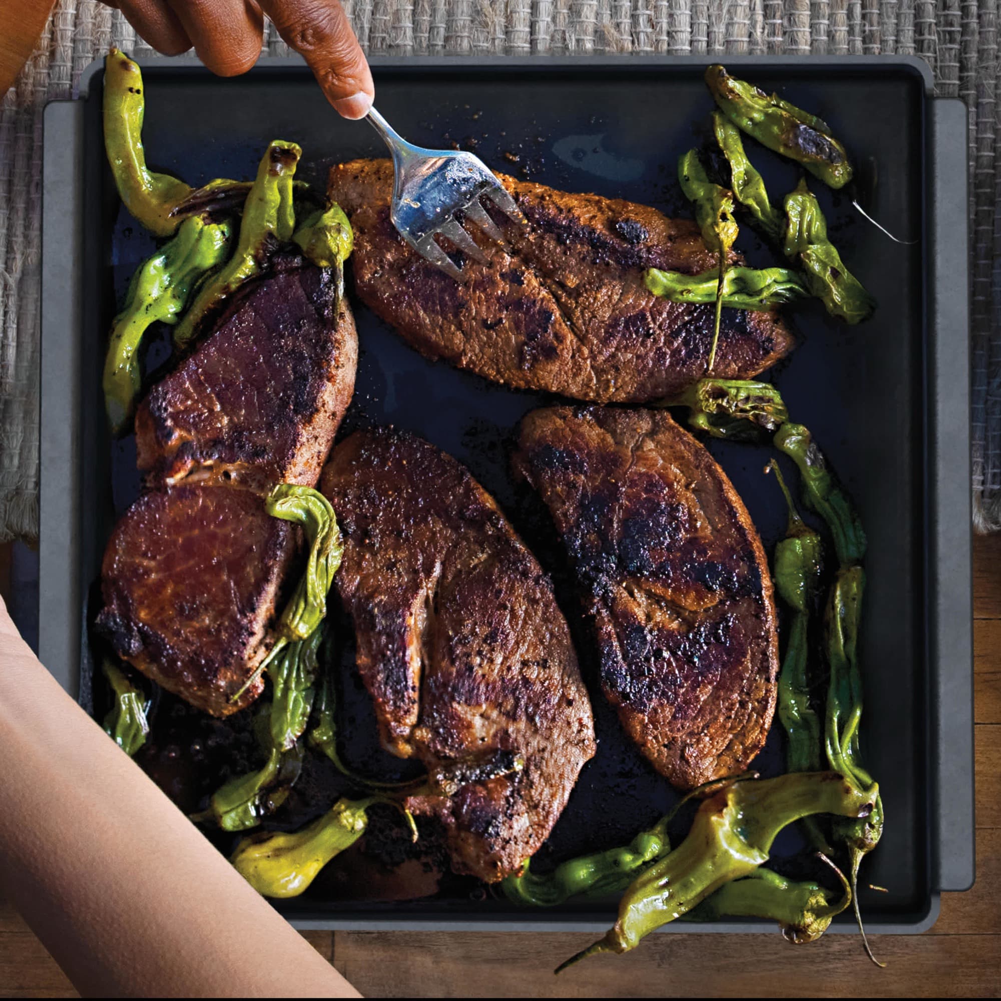 Grilled meat and vegetables on the tray