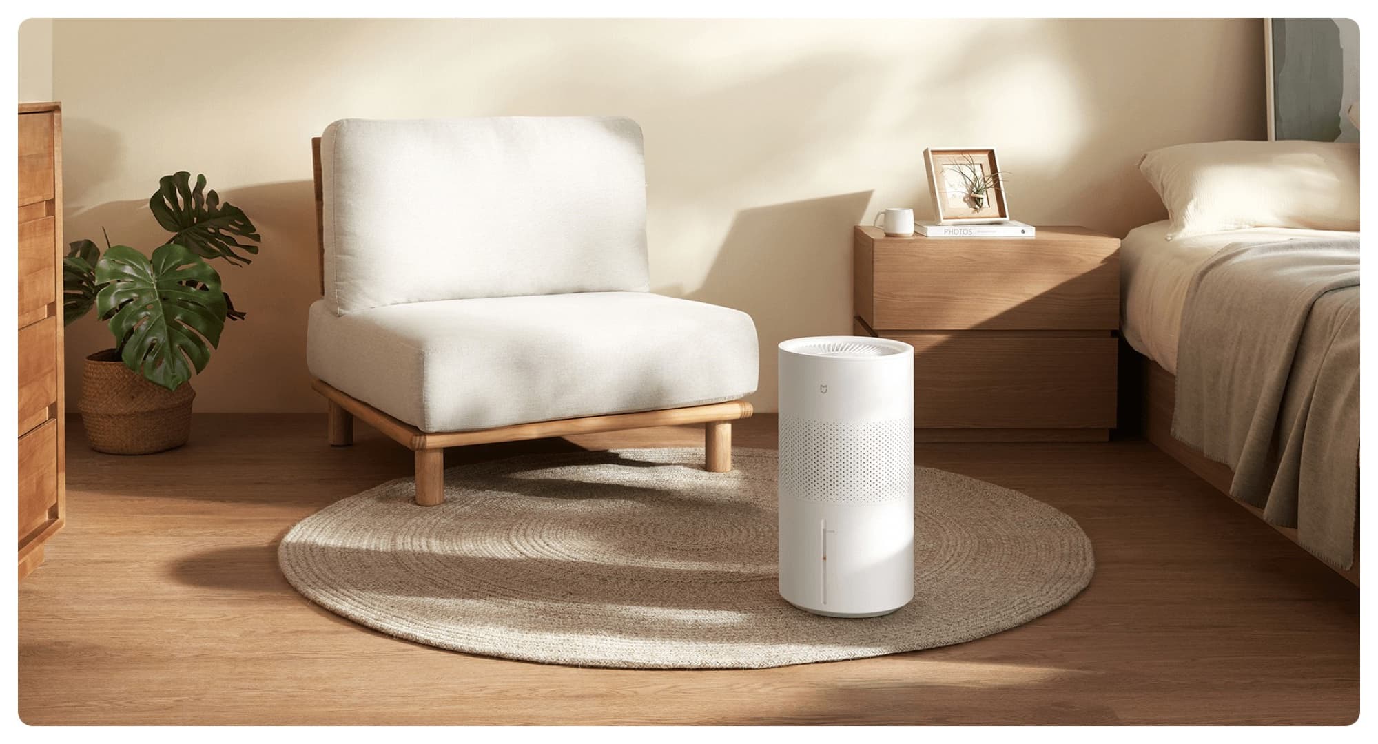 The humidifier on a rug in a bright room