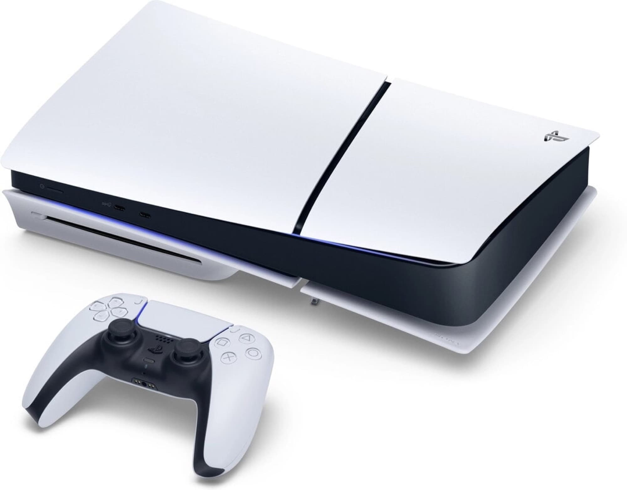 PS5 Slim lying flat with DualSense