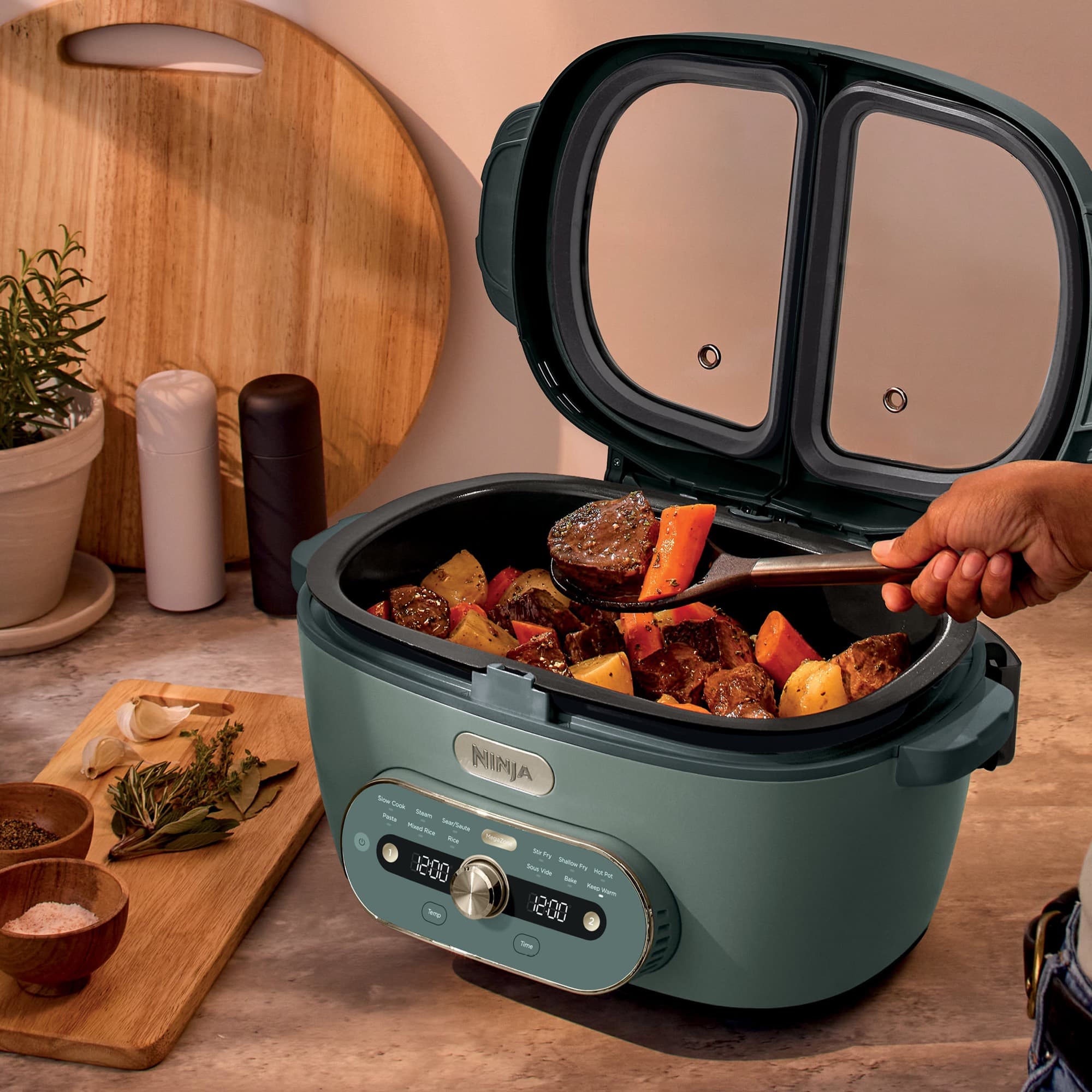 Stew being served from the large pot