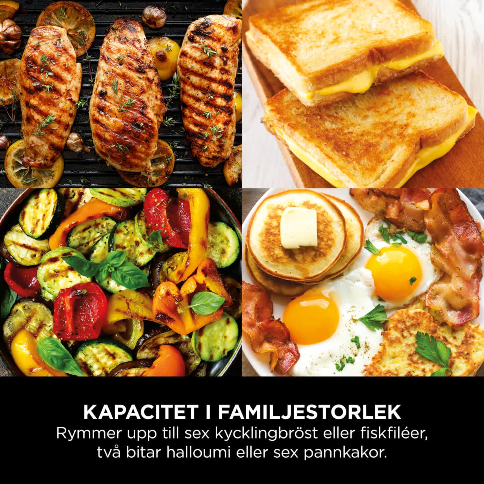 Chicken breasts, vegetables, sandwiches and pancakes