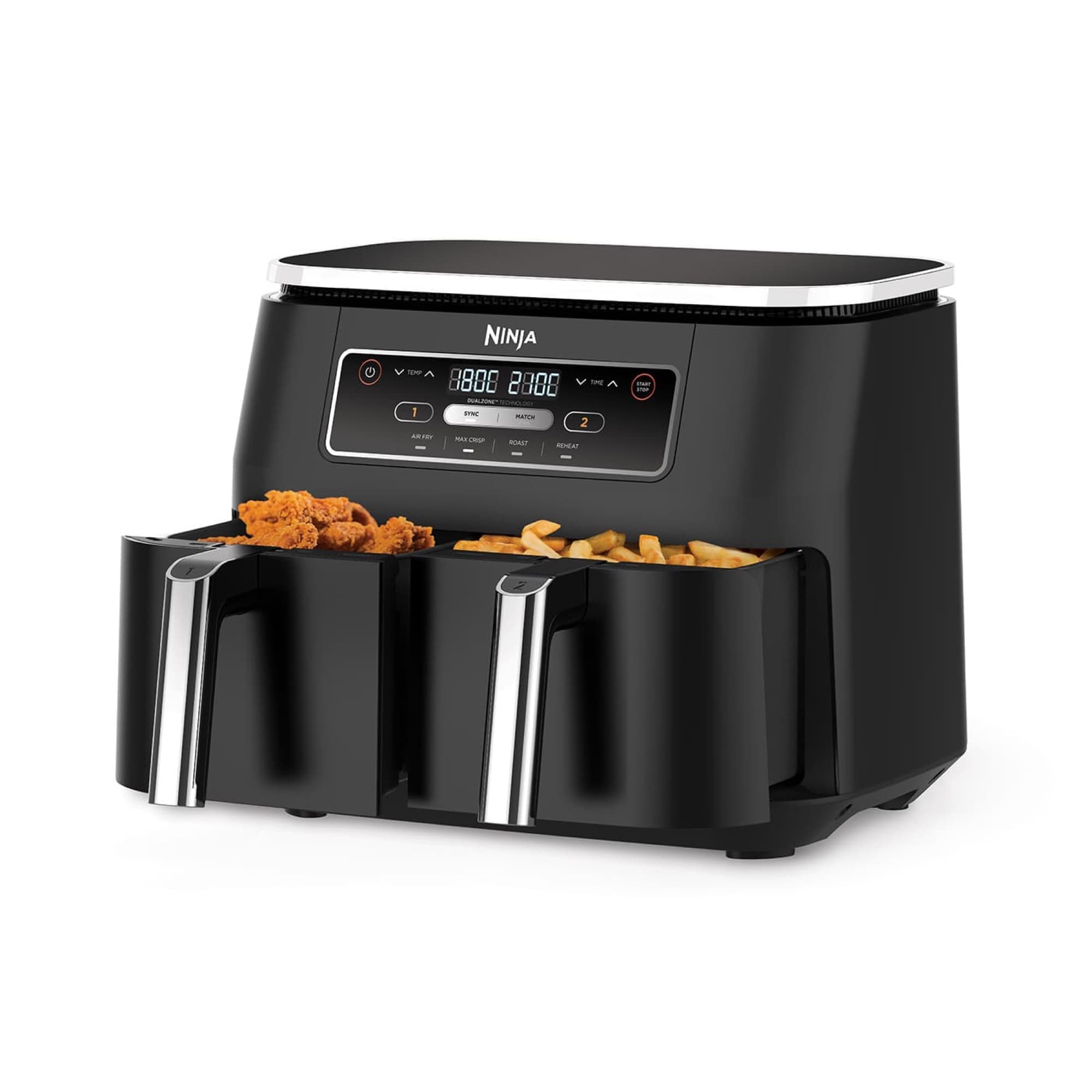 The air fryer with both drawers pulled out, chicken and fries