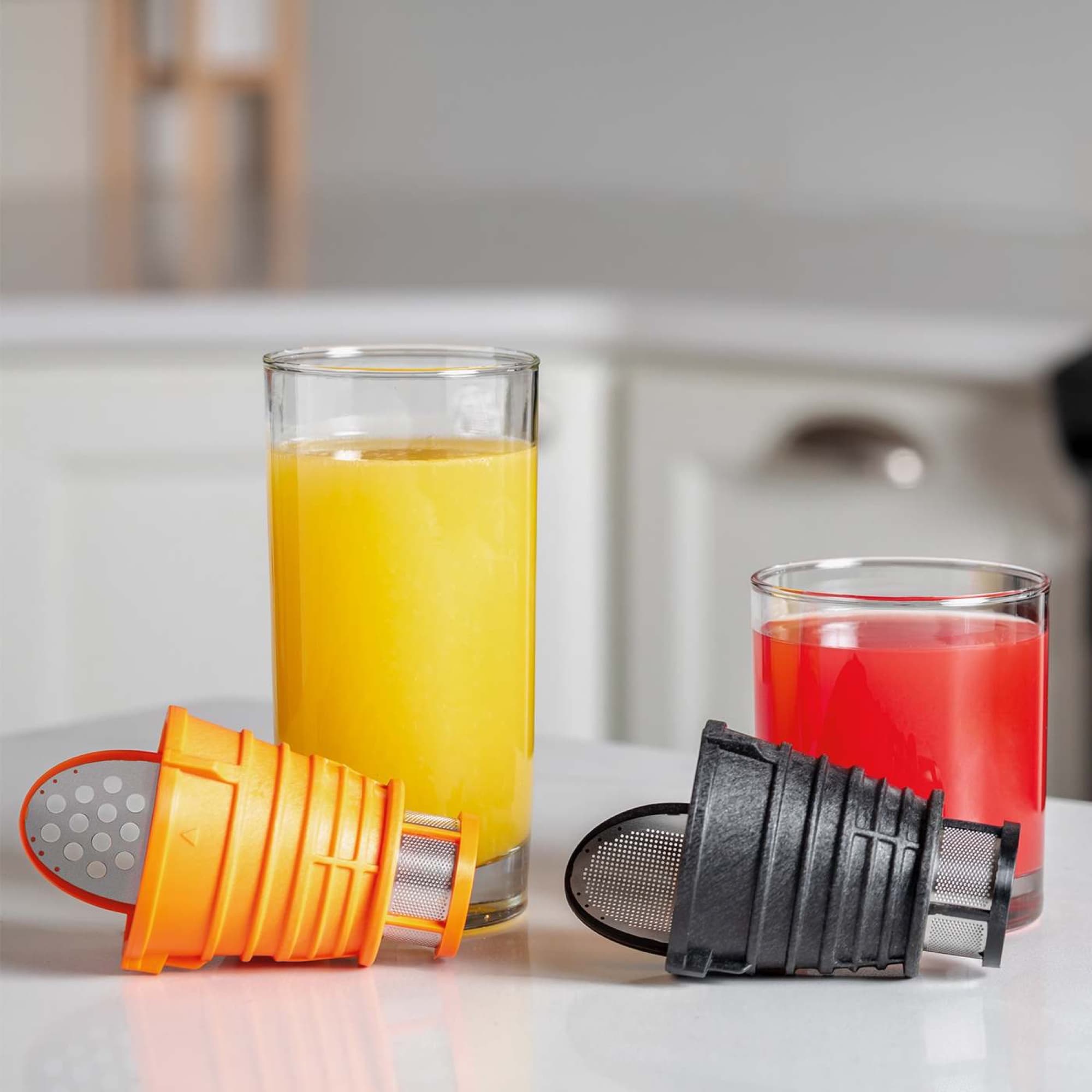 Orange juice and red juice with the two filters