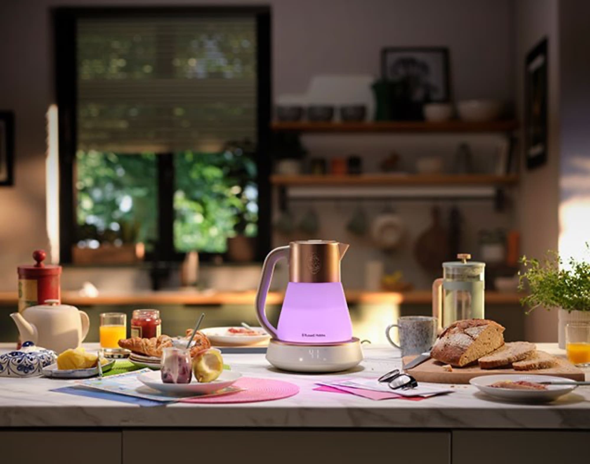 The frosted glass glows in changing colours