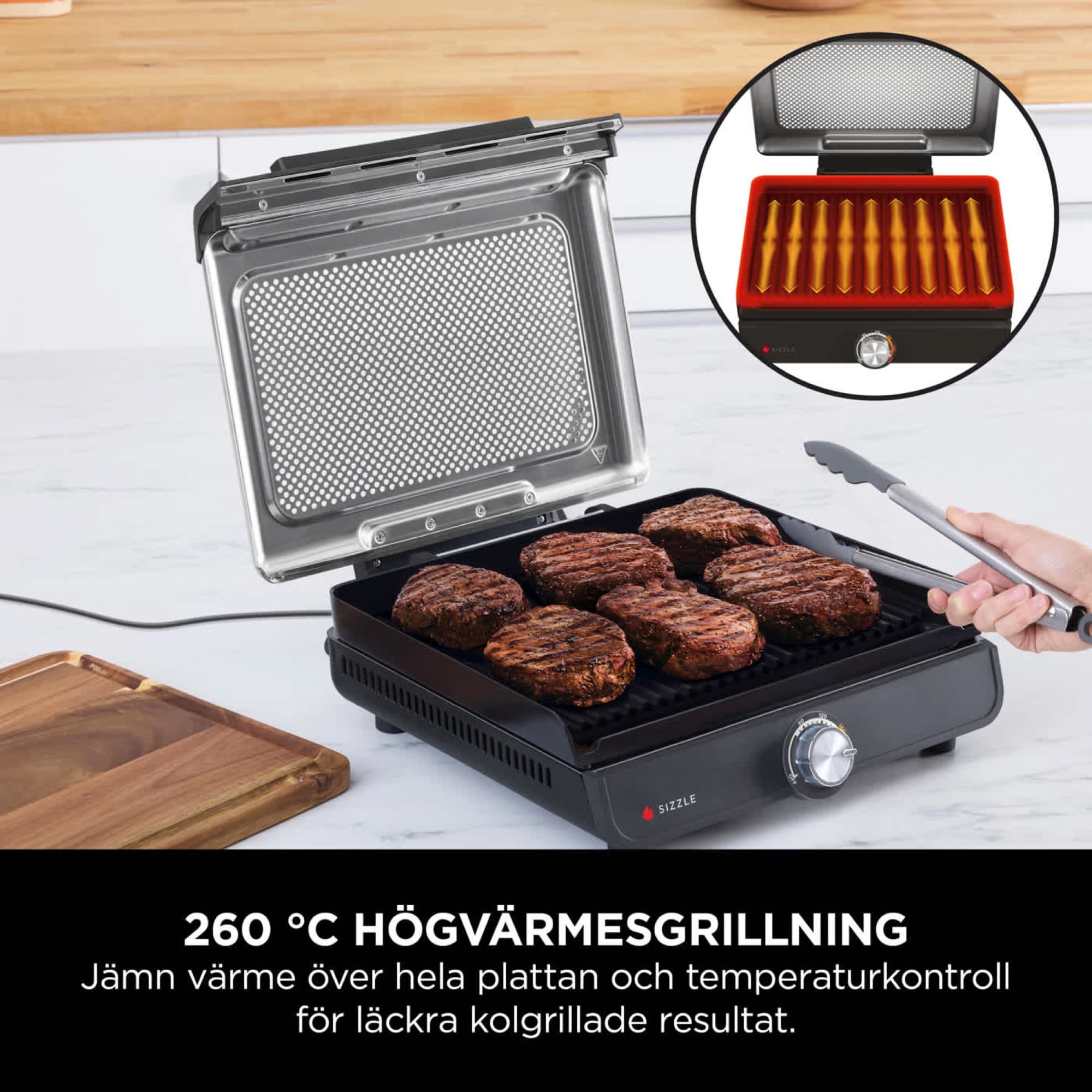 Burgers on the grill plate at 260 °C