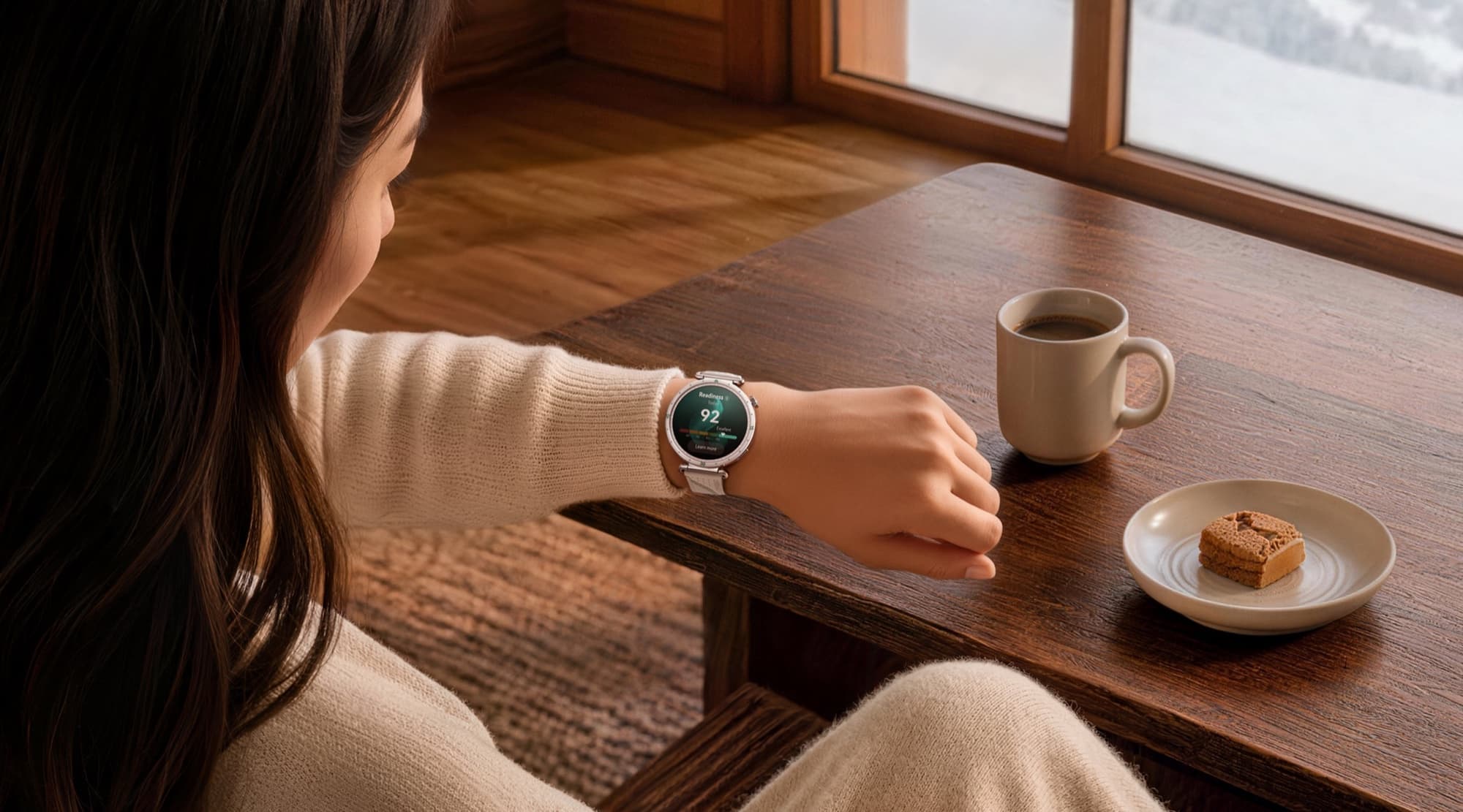 HUAWEI WATCH GT 7 on the wrist at a coffee table