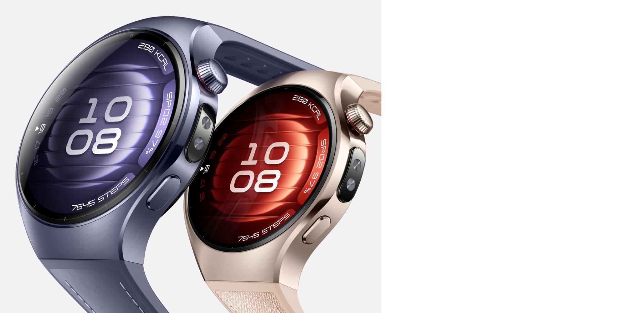 Two HUAWEI WATCH 5 in purple and beige
