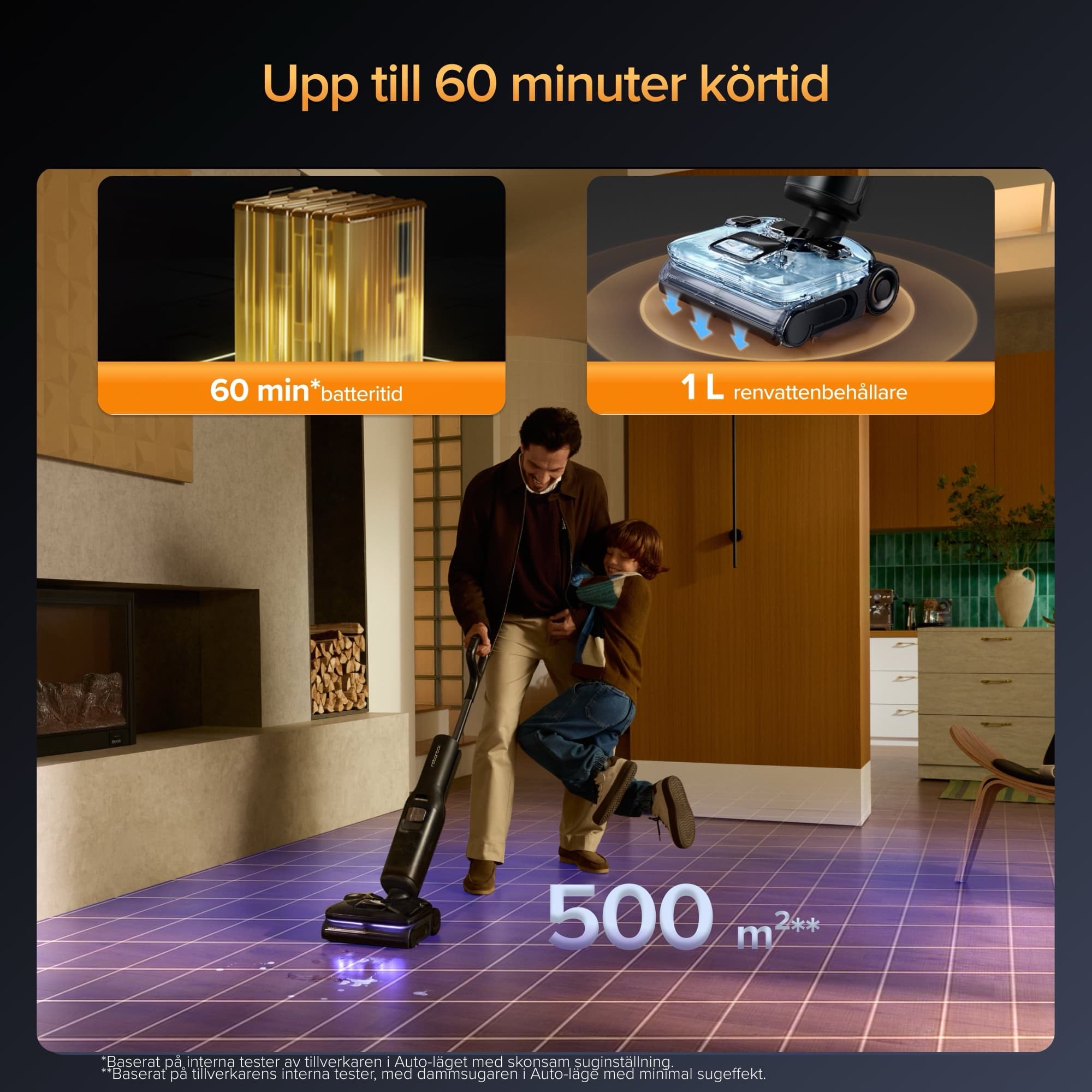 Up to 60 minutes of run time and 1 l clean-water tank