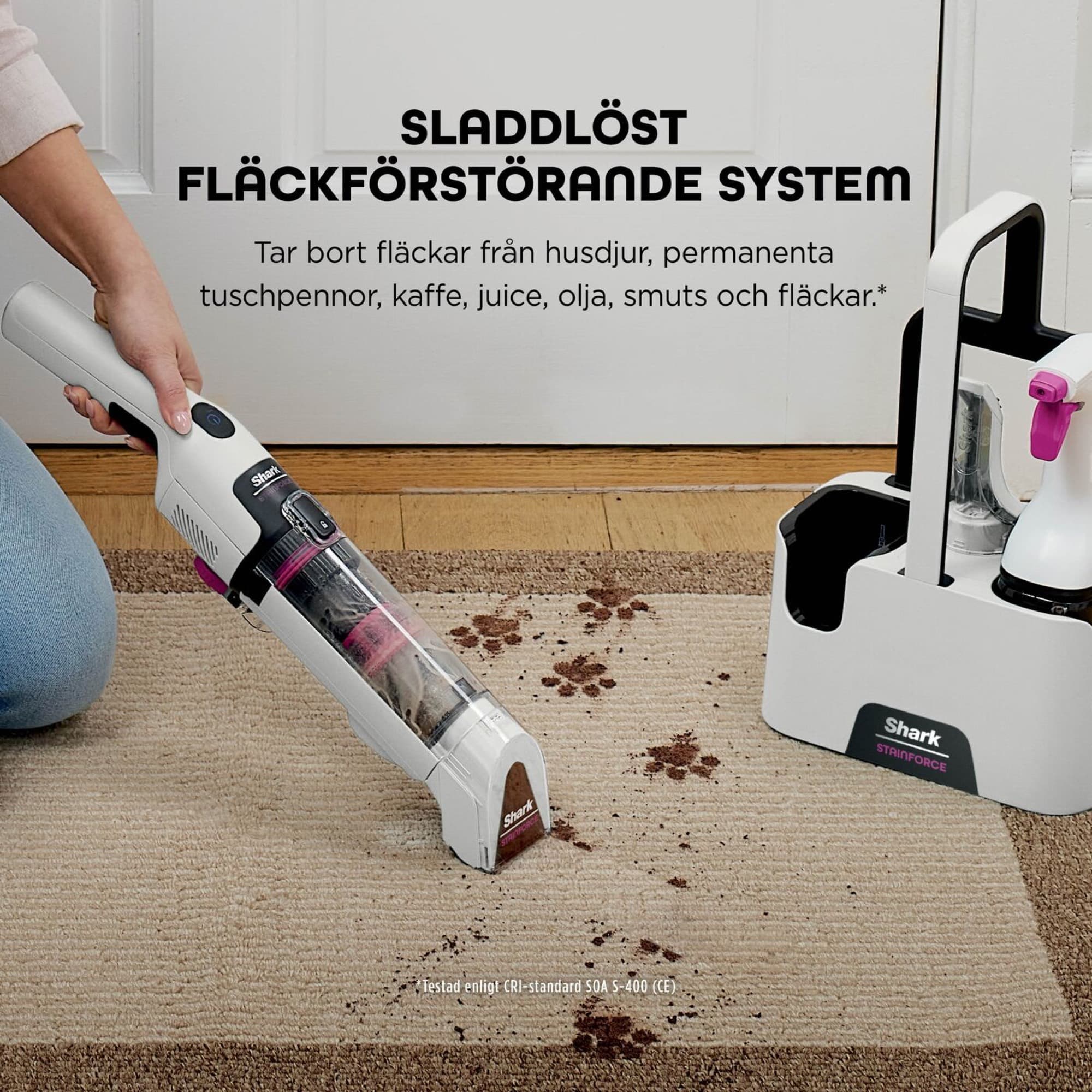 StainForce sucks up paw prints from the rug