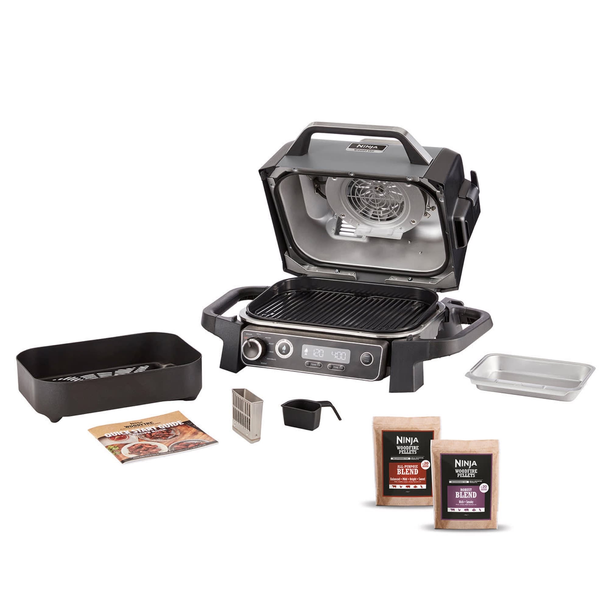 The grill with basket, smoker box, grease tray, scoop and pellets