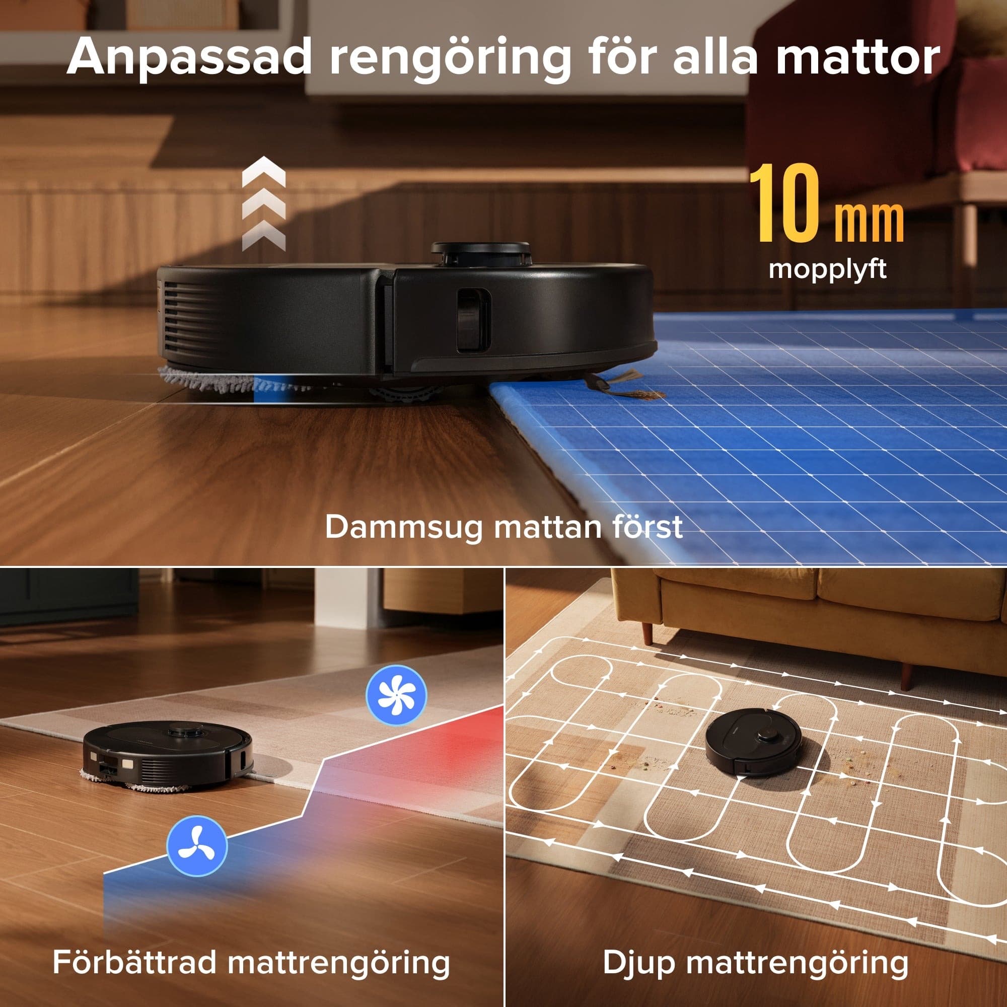The mops lift when the robot drives onto the rug