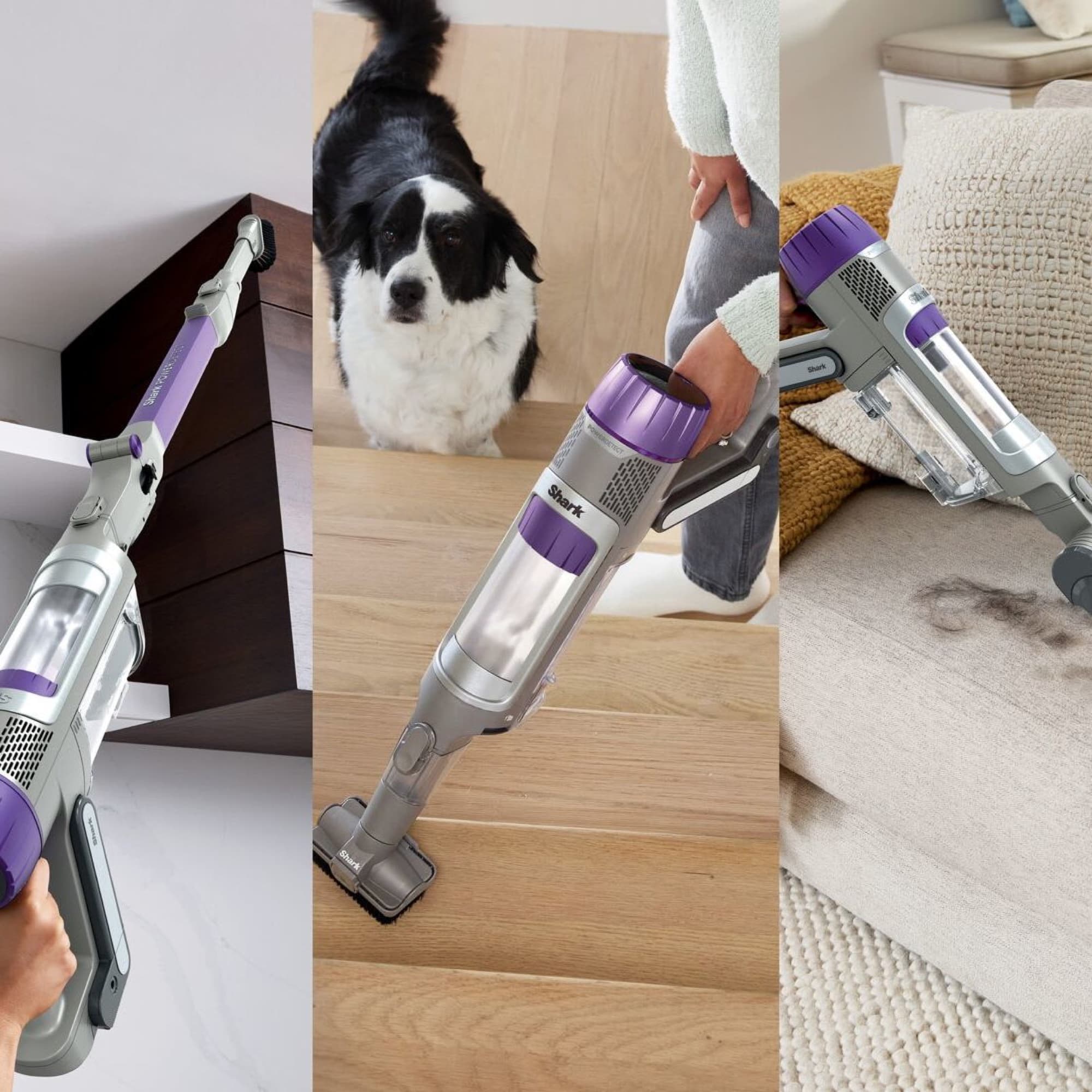 The handheld with tools on a shelf, stairs and sofa
