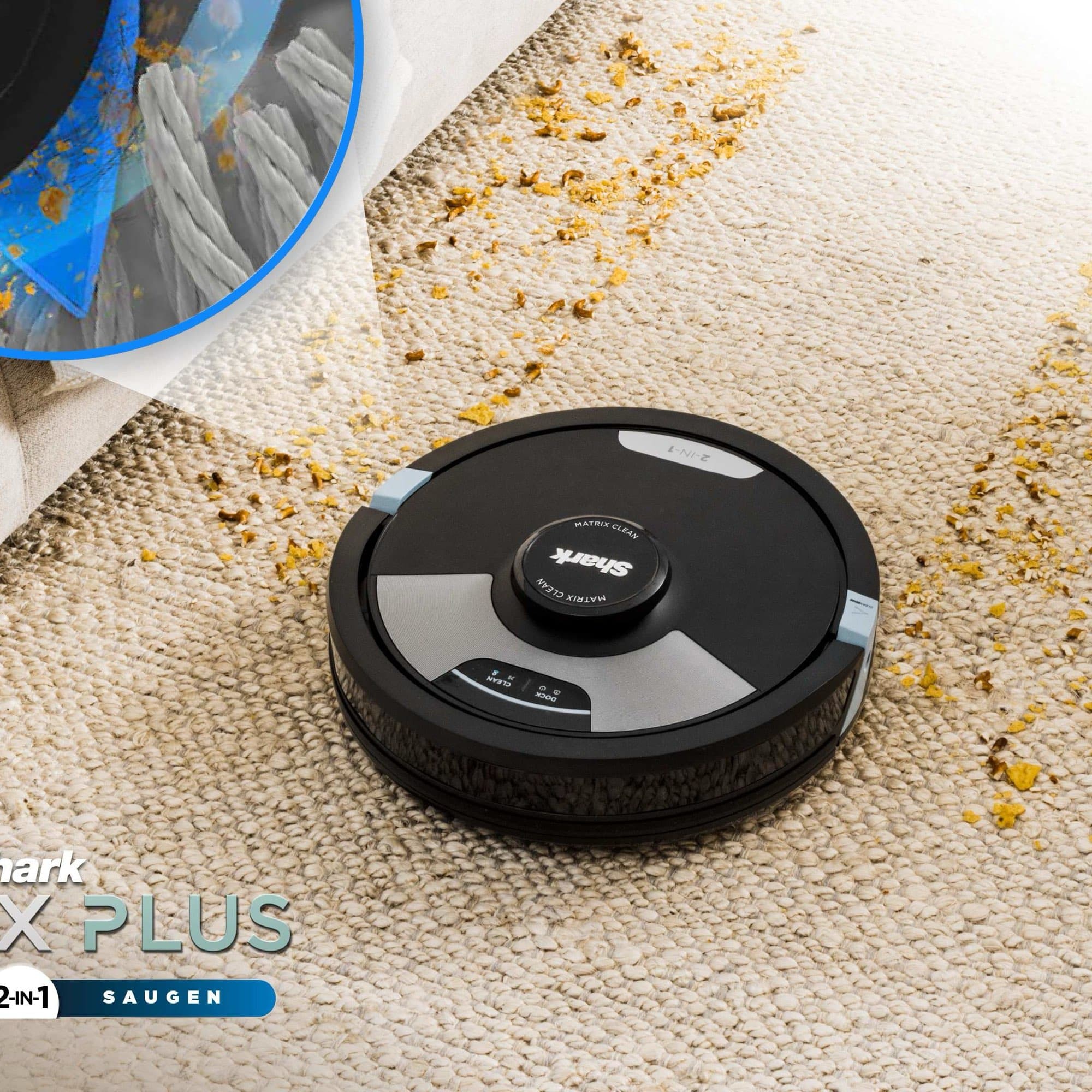 The robot vacuuming the rug by the sofa