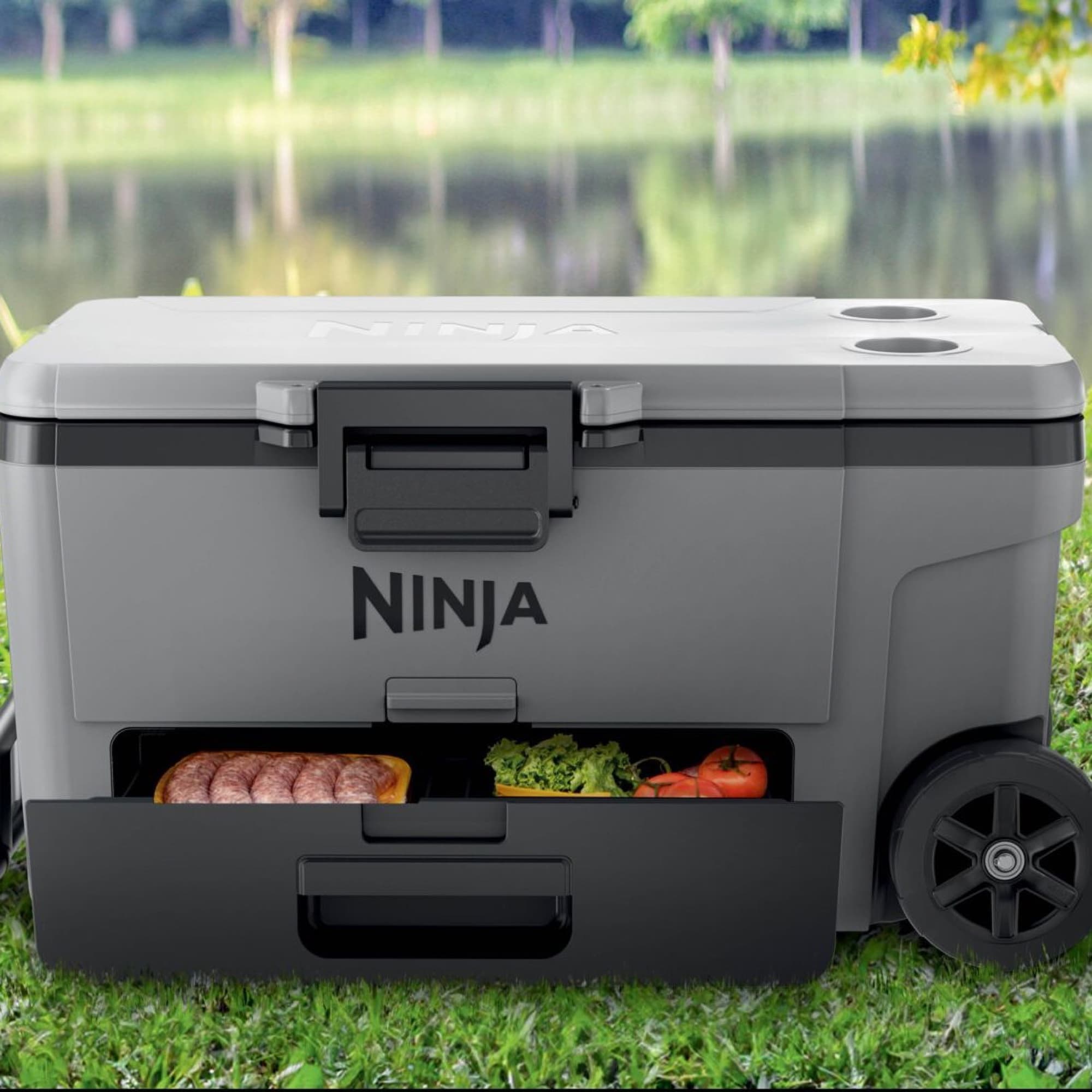 The cooler on the grass with food in the Dry Zone drawer
