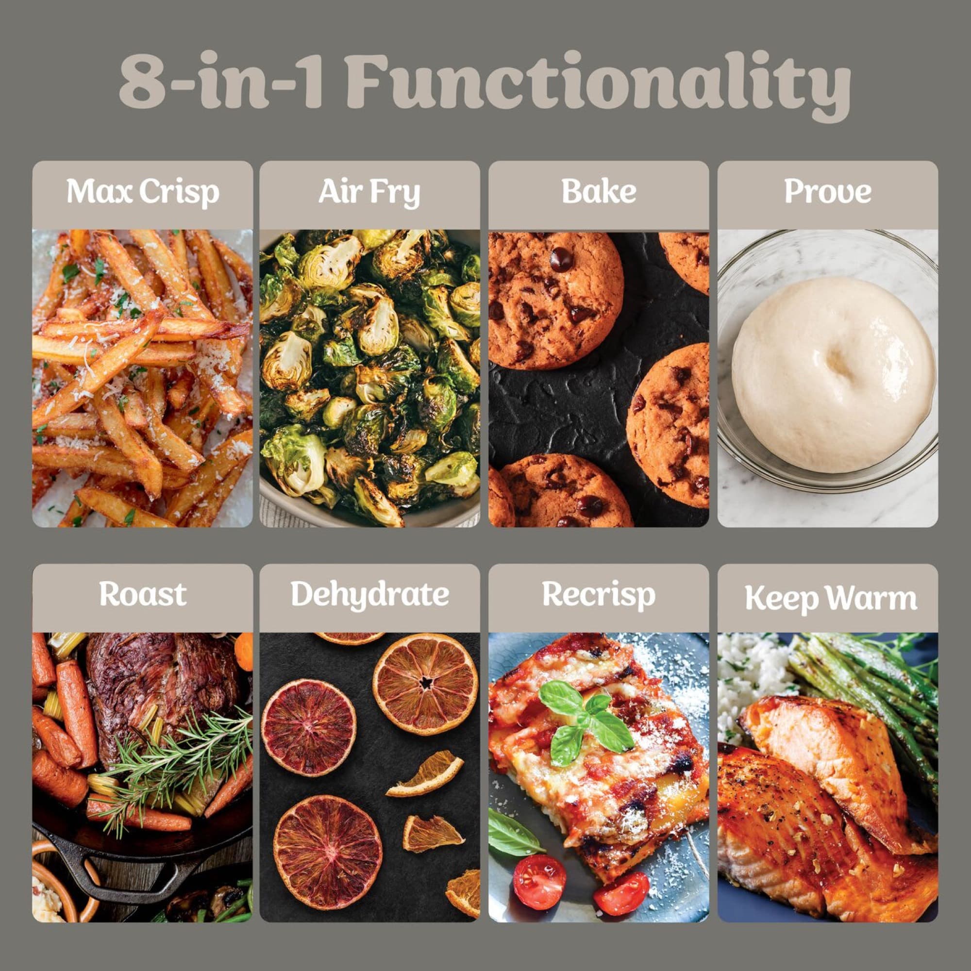 The eight cooking modes with example dishes