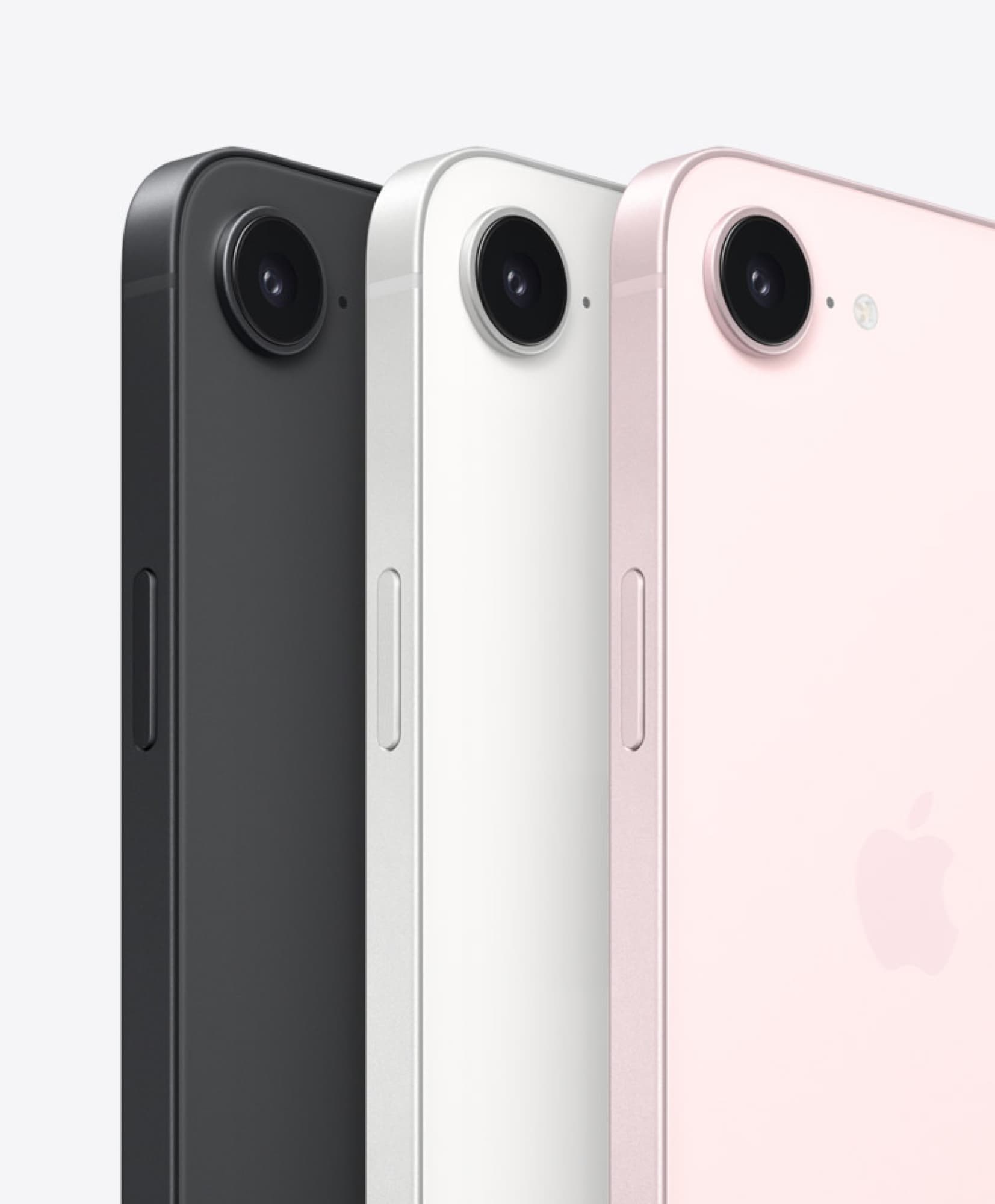 iPhone 17e in black, white and soft pink side by side