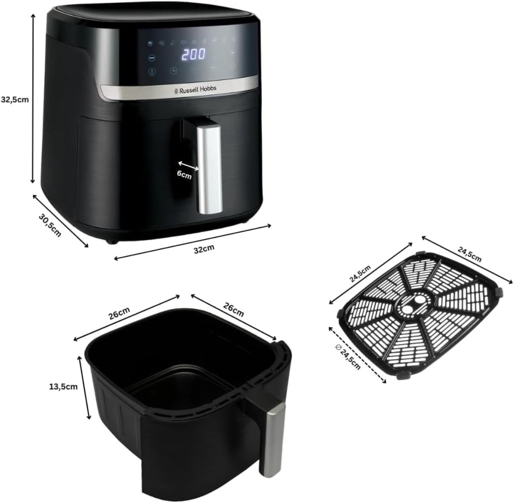 Dimensions of air fryer, basket and plate