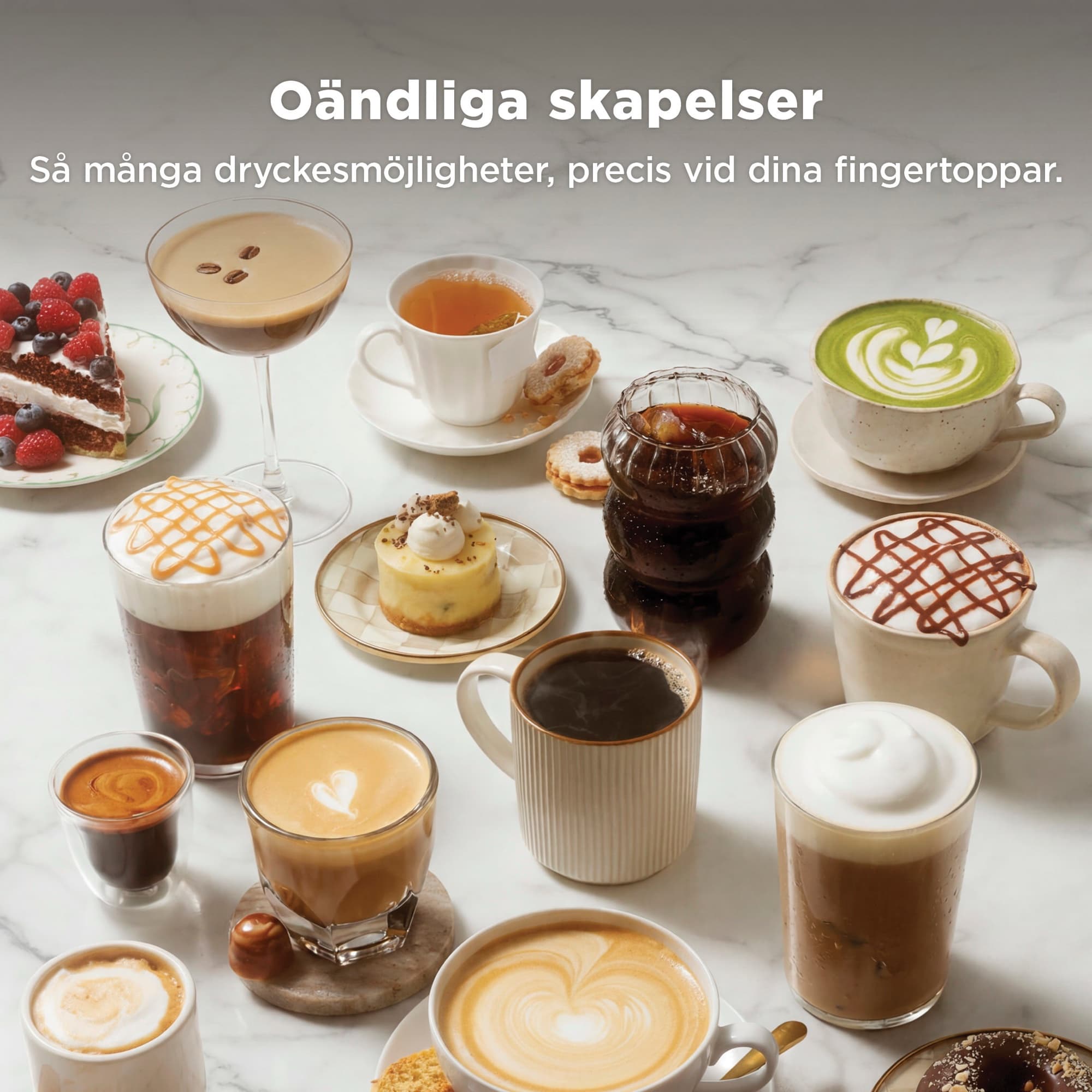 Coffee drinks and pastries on a marble table