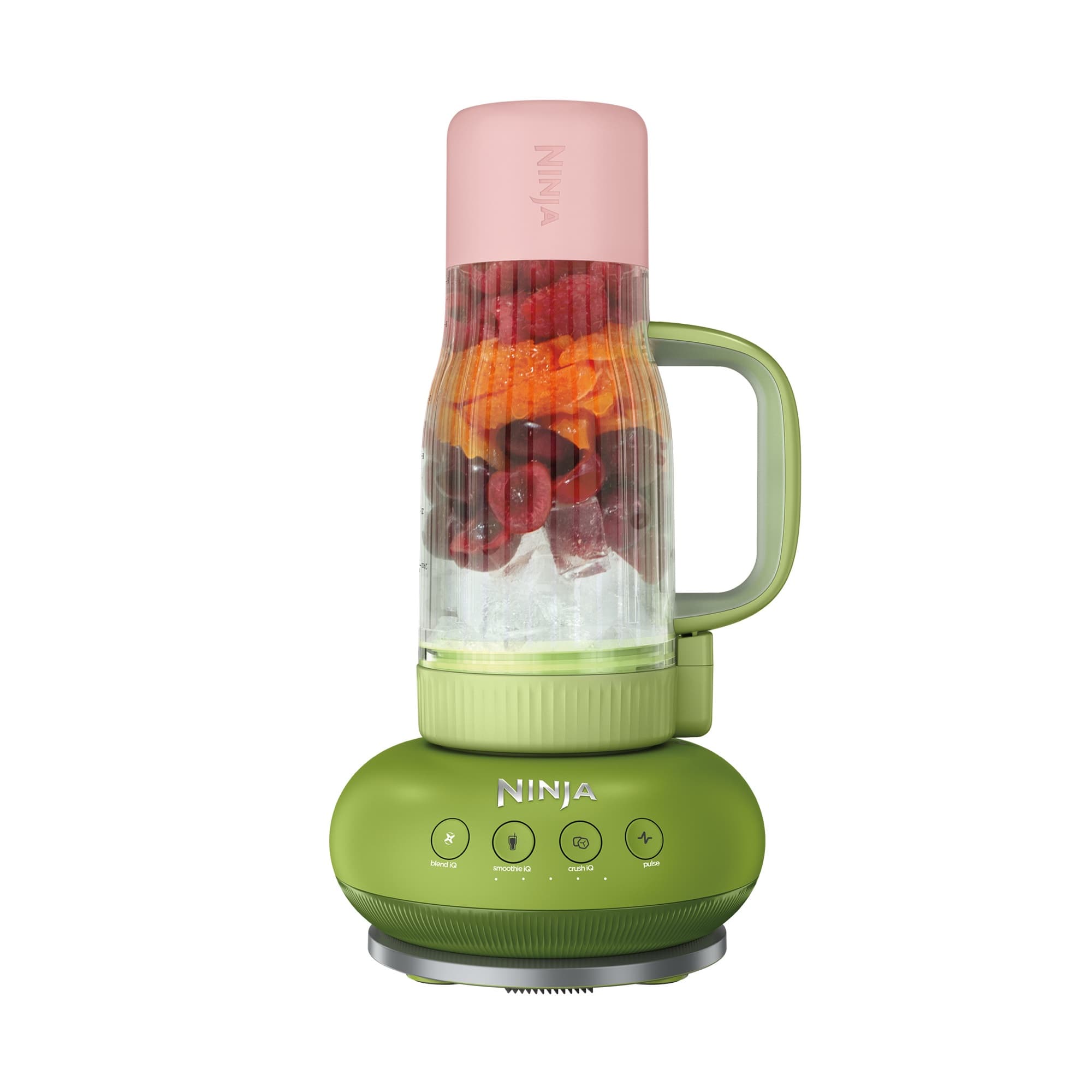 BlendBoss in green/pink with fruit in the cup