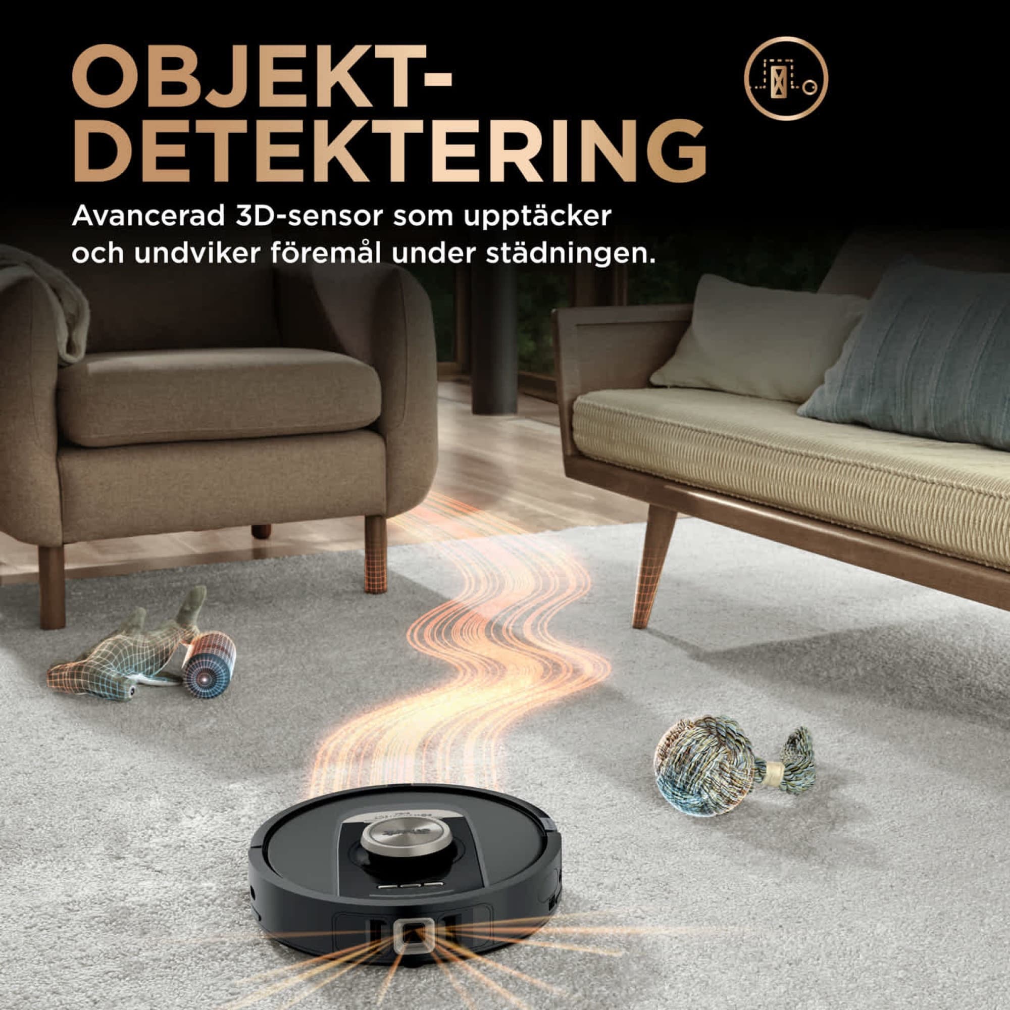 The robot spots and steers around objects on the floor