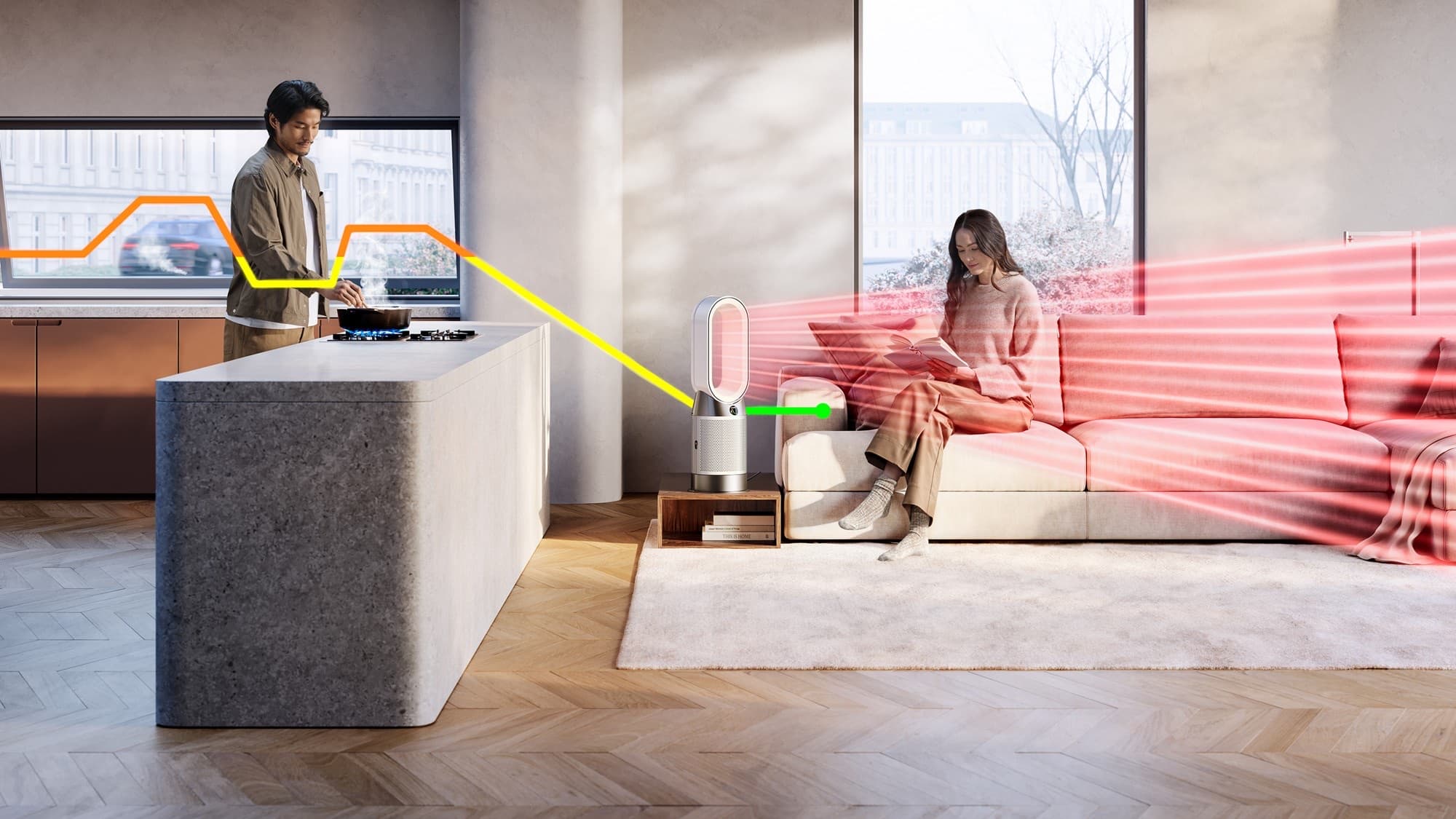 Warm air spreading through an open-plan room