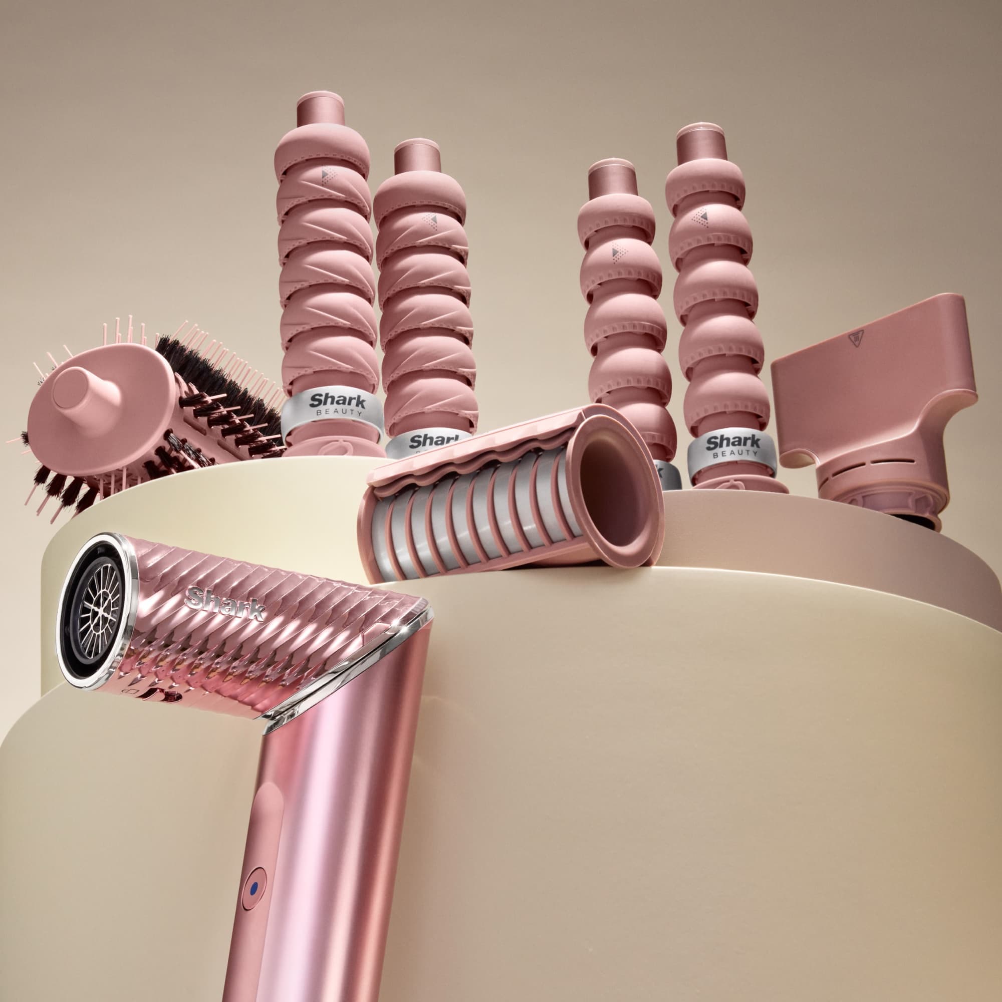 All the pink attachments laid out