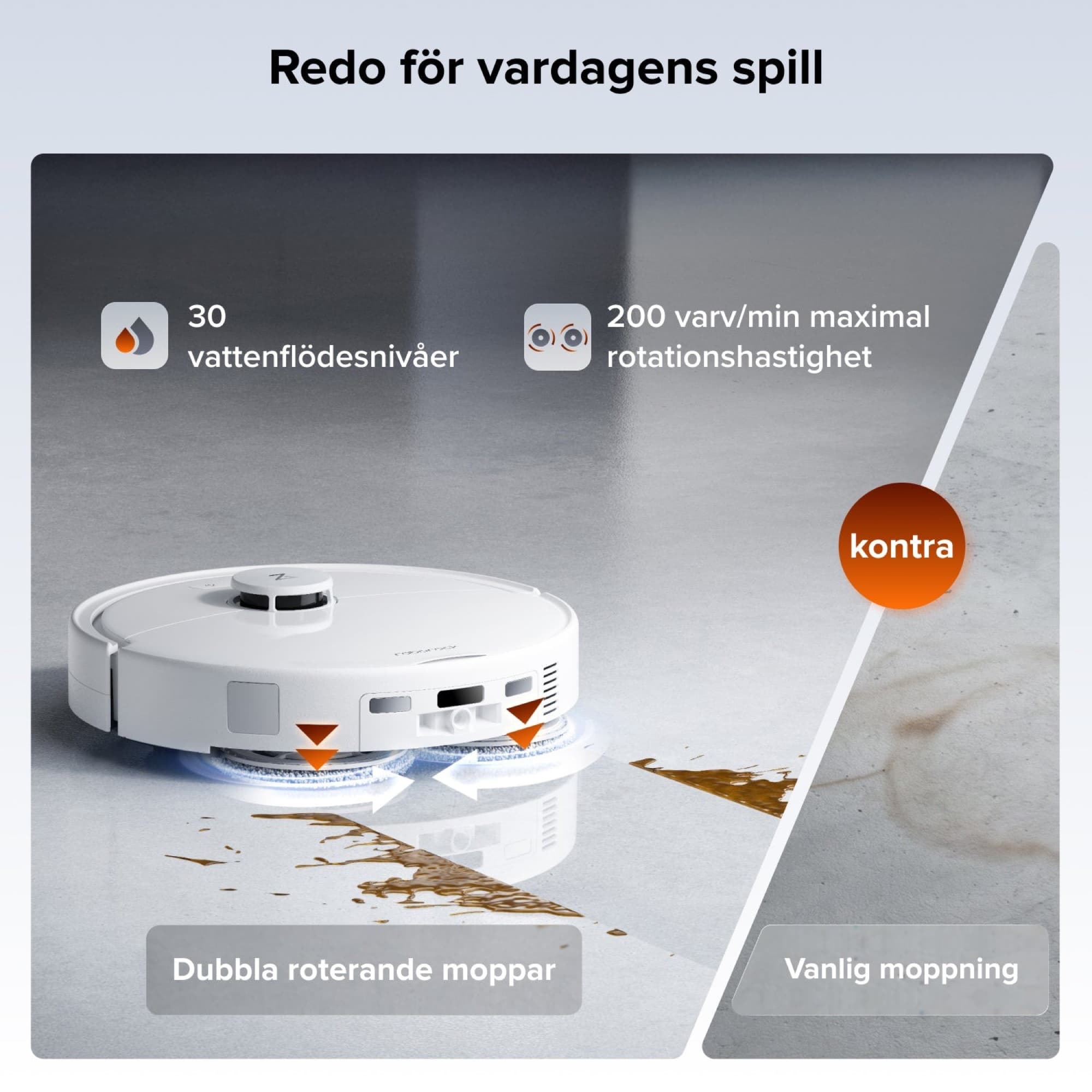 Two rotating mops tackling a spill on the floor