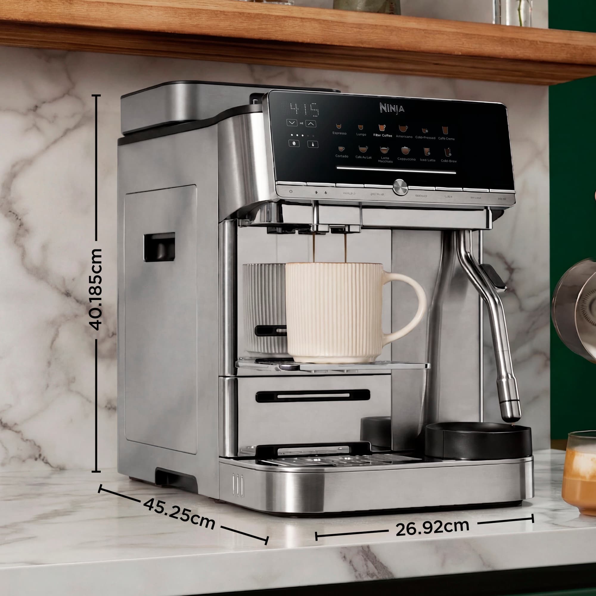 AutoBarista Pro on the worktop with dimensions