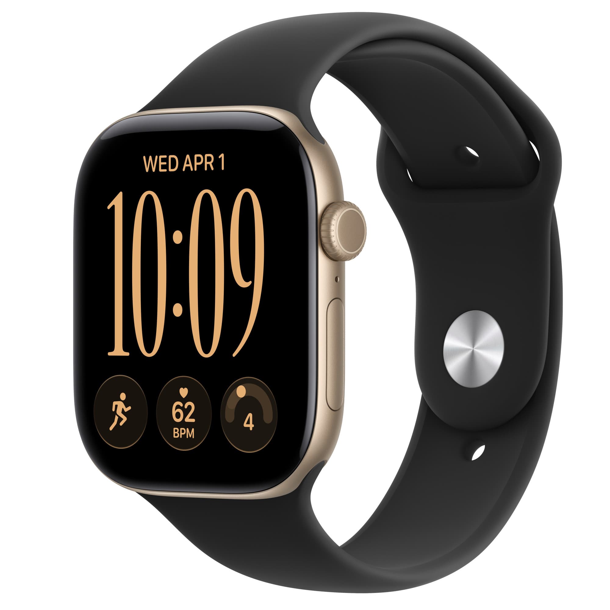 Apple Watch Series 12 in light gold aluminium with black Sport Band