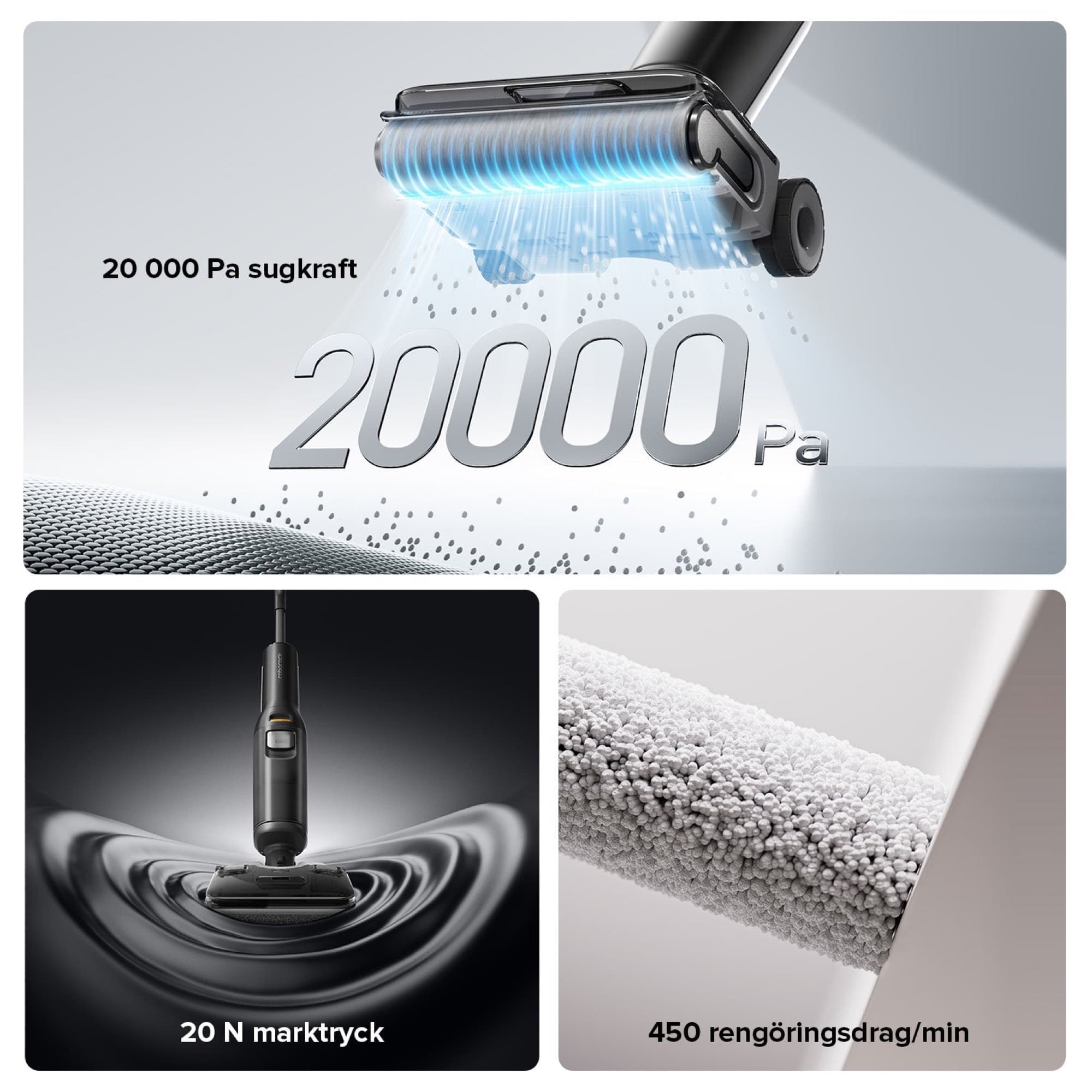 20,000 Pa suction and 450 cleaning strokes per minute