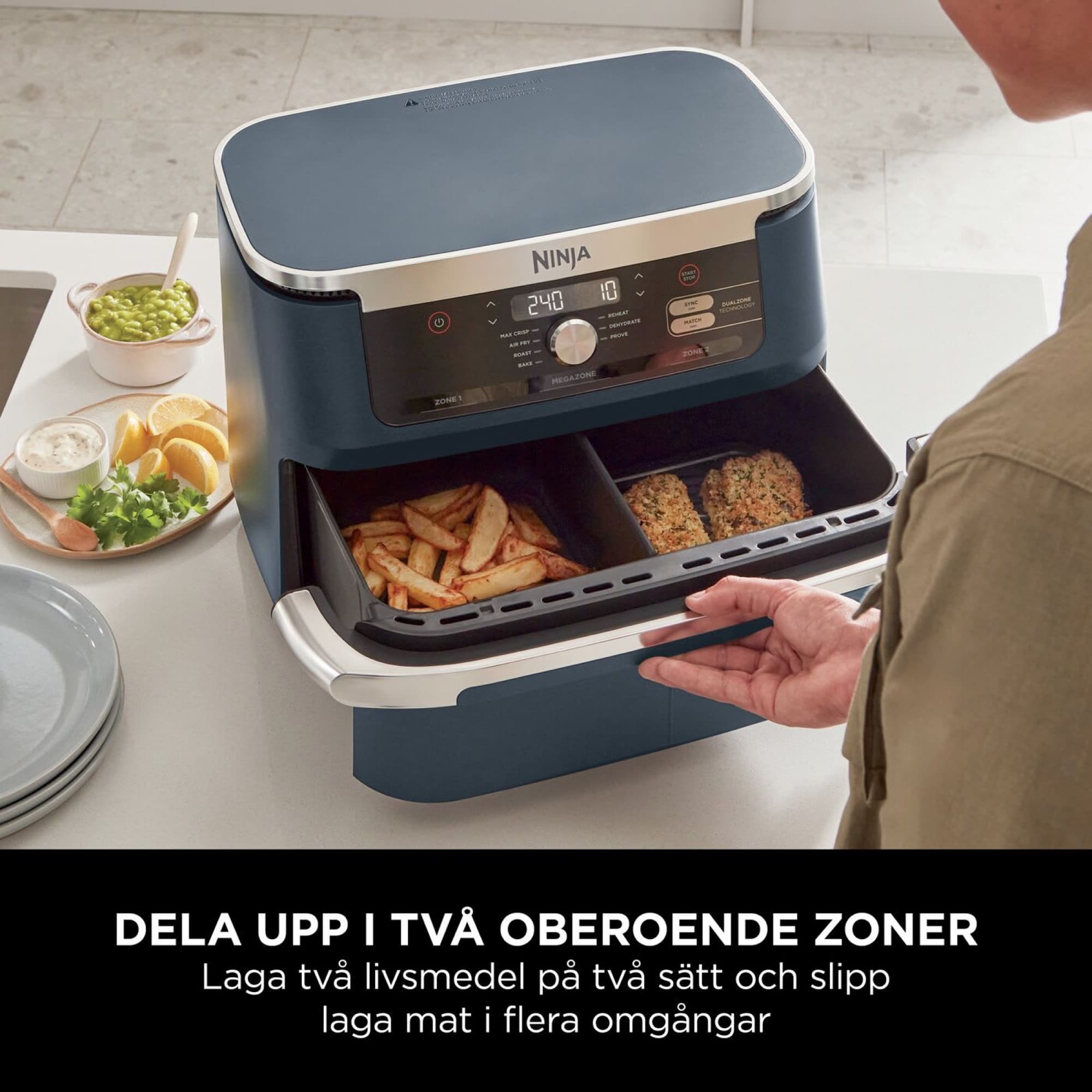 Two zones with fries and chicken in the drawer