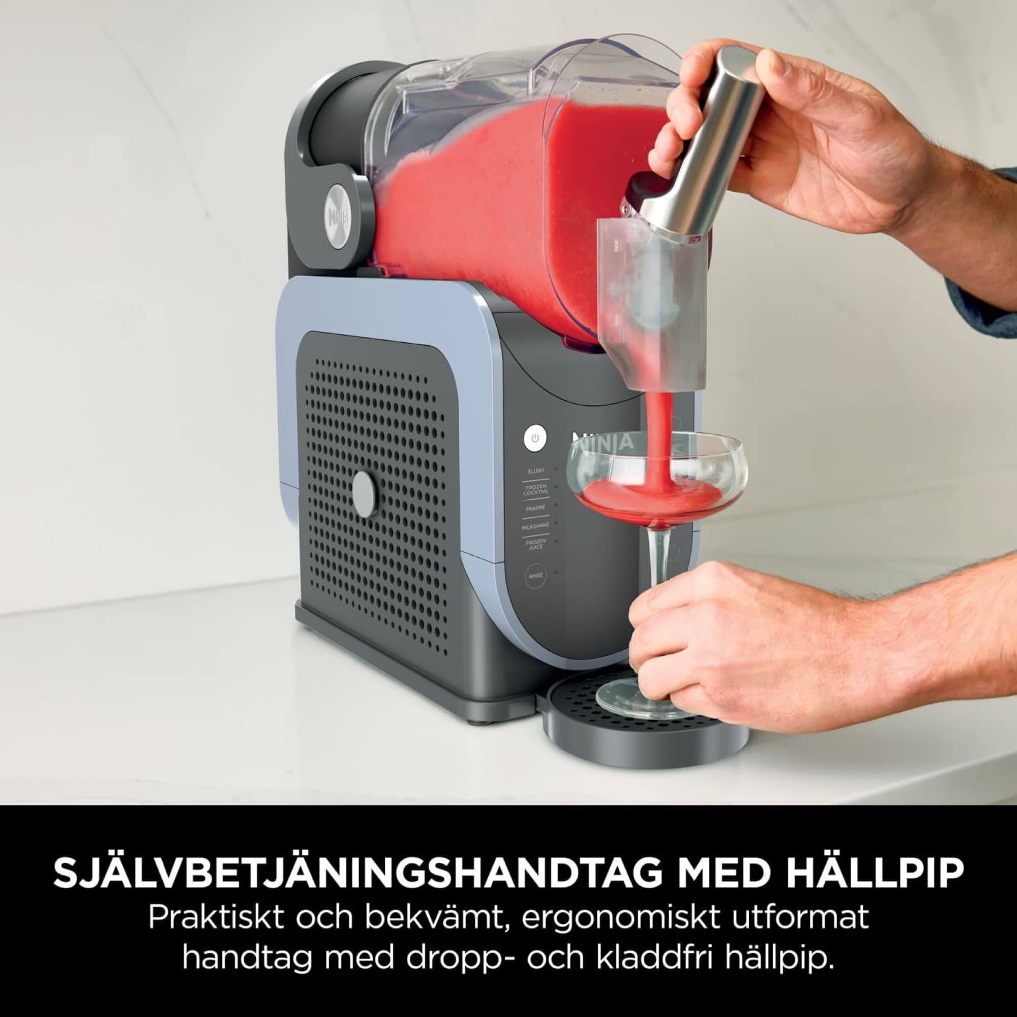 Slush being poured into a glass with the handle