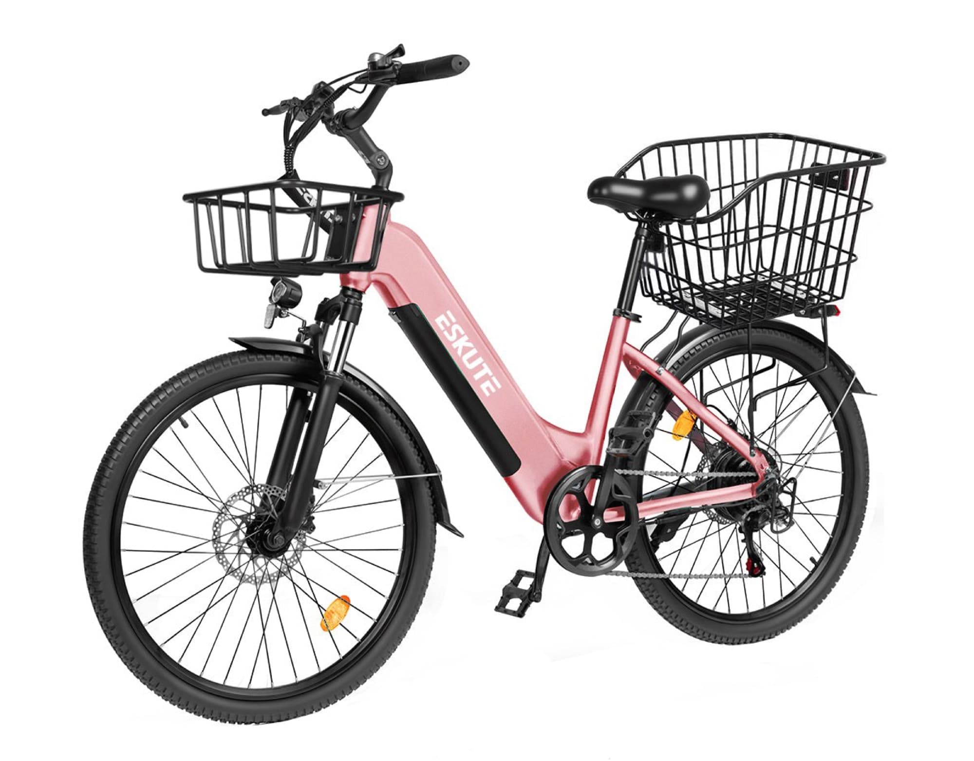 The baskets fitted to a pink e-bike