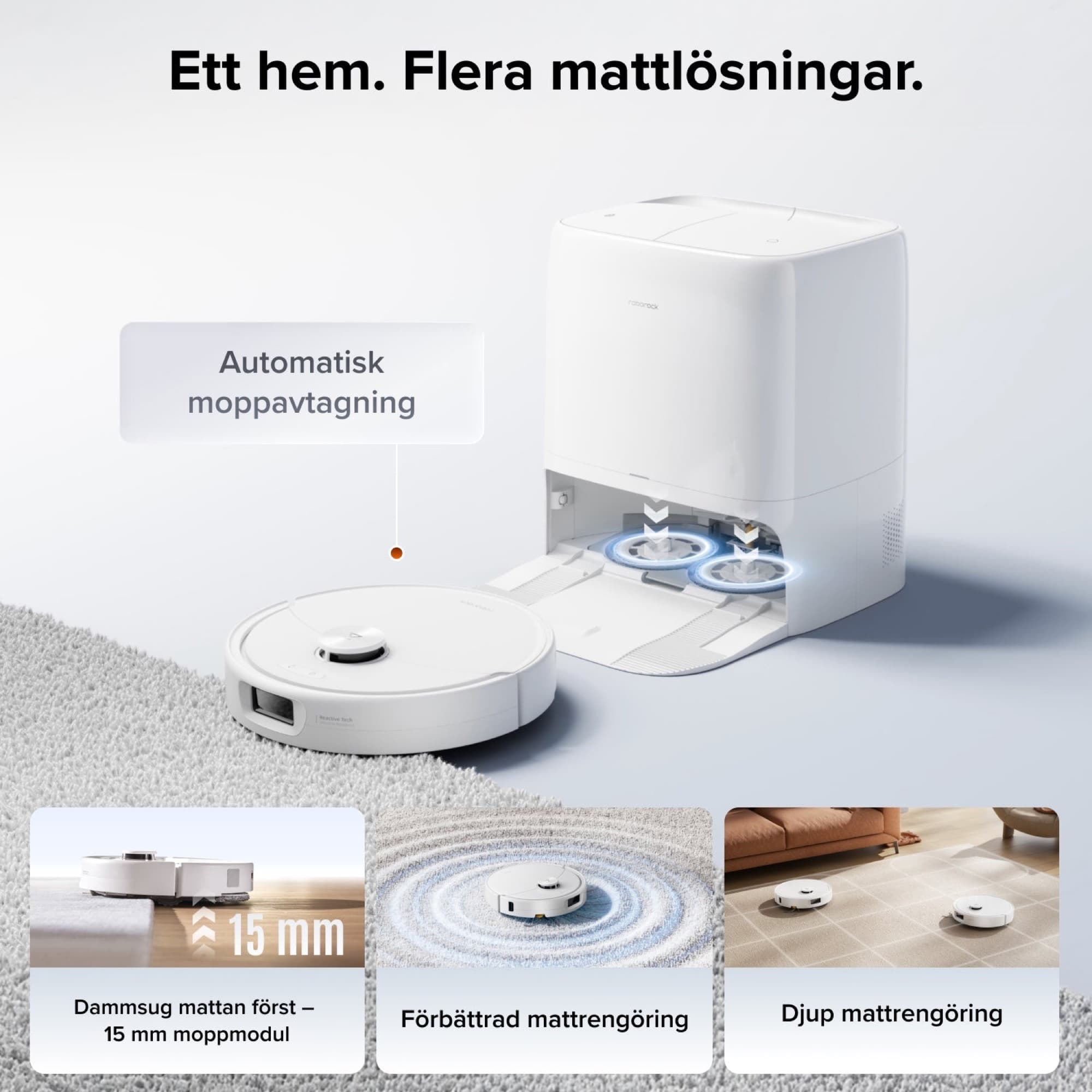 The robot leaves the mops in the dock before the rug