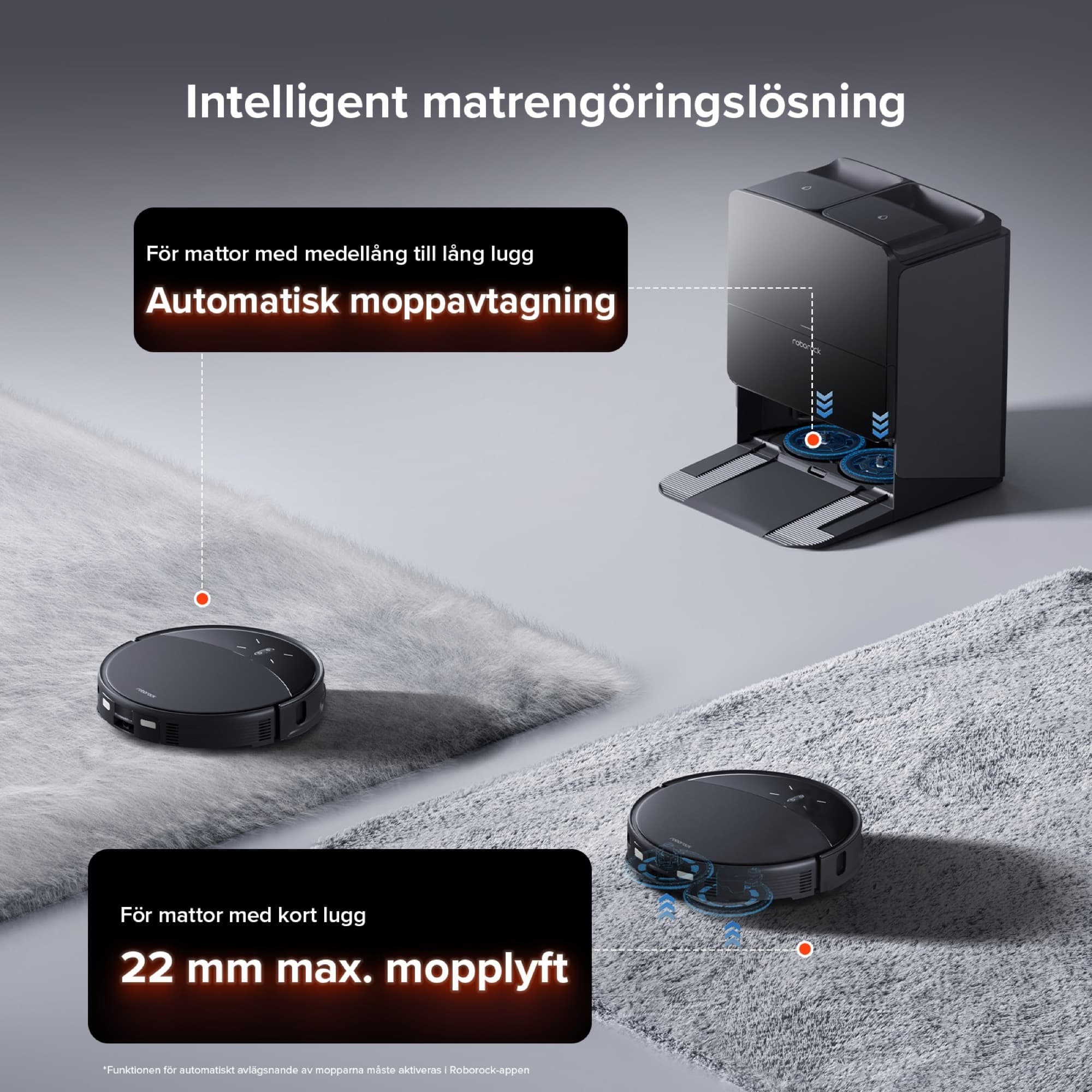 The mops are left behind when the robot vacuums rugs