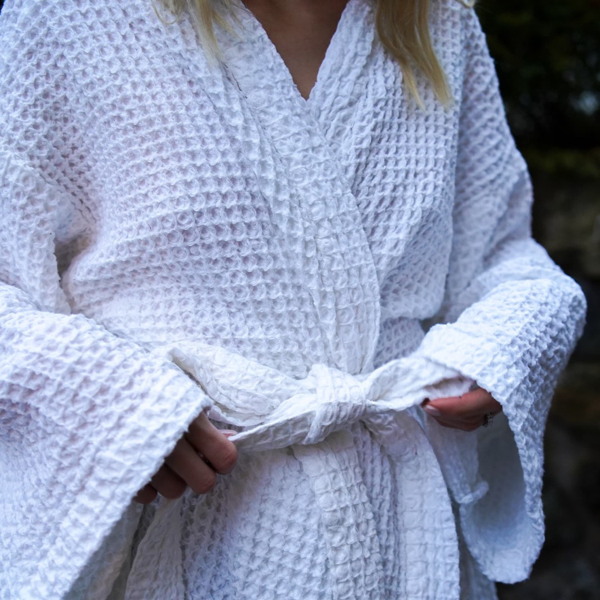 Close-up of the white waffle robe