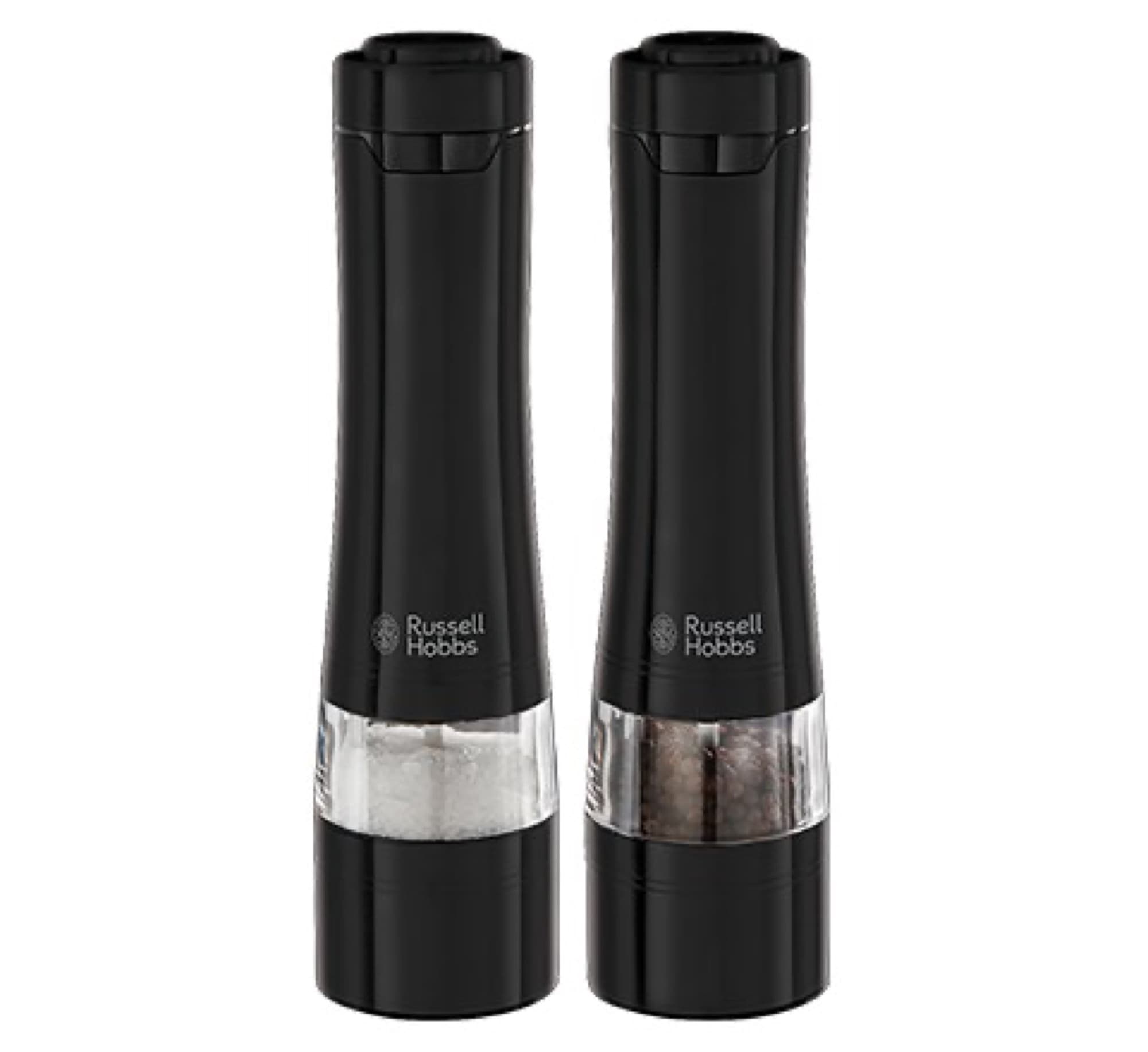 Two black salt and pepper grinders