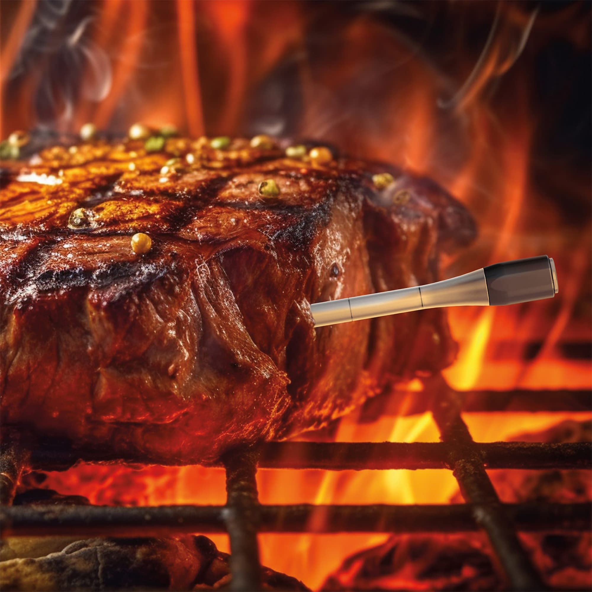 The probe in a steak on the grill