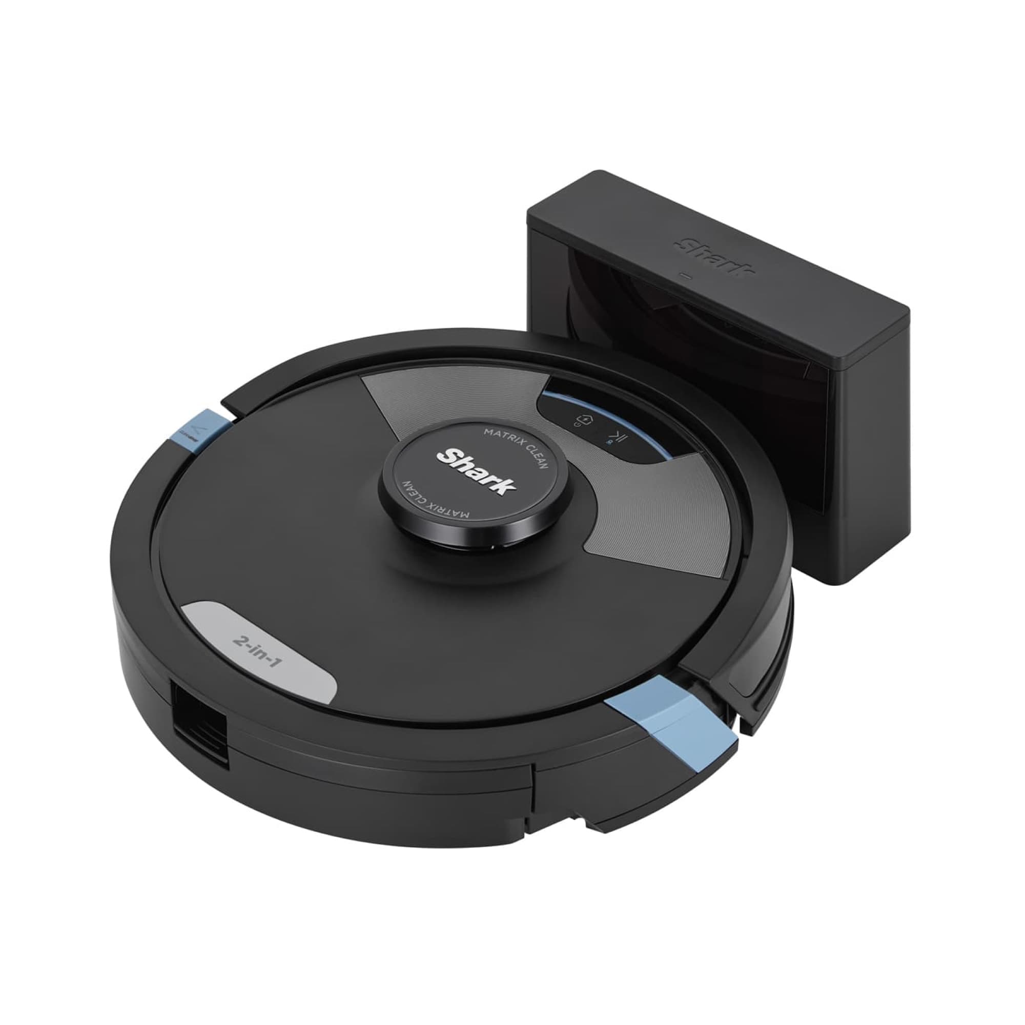 The robot and charging dock from the front at an angle
