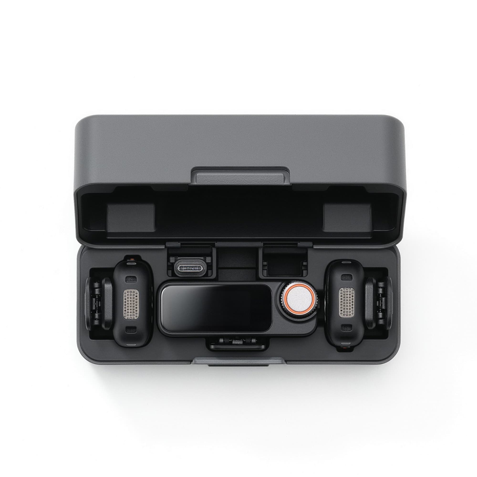 The charging case open, seen from above