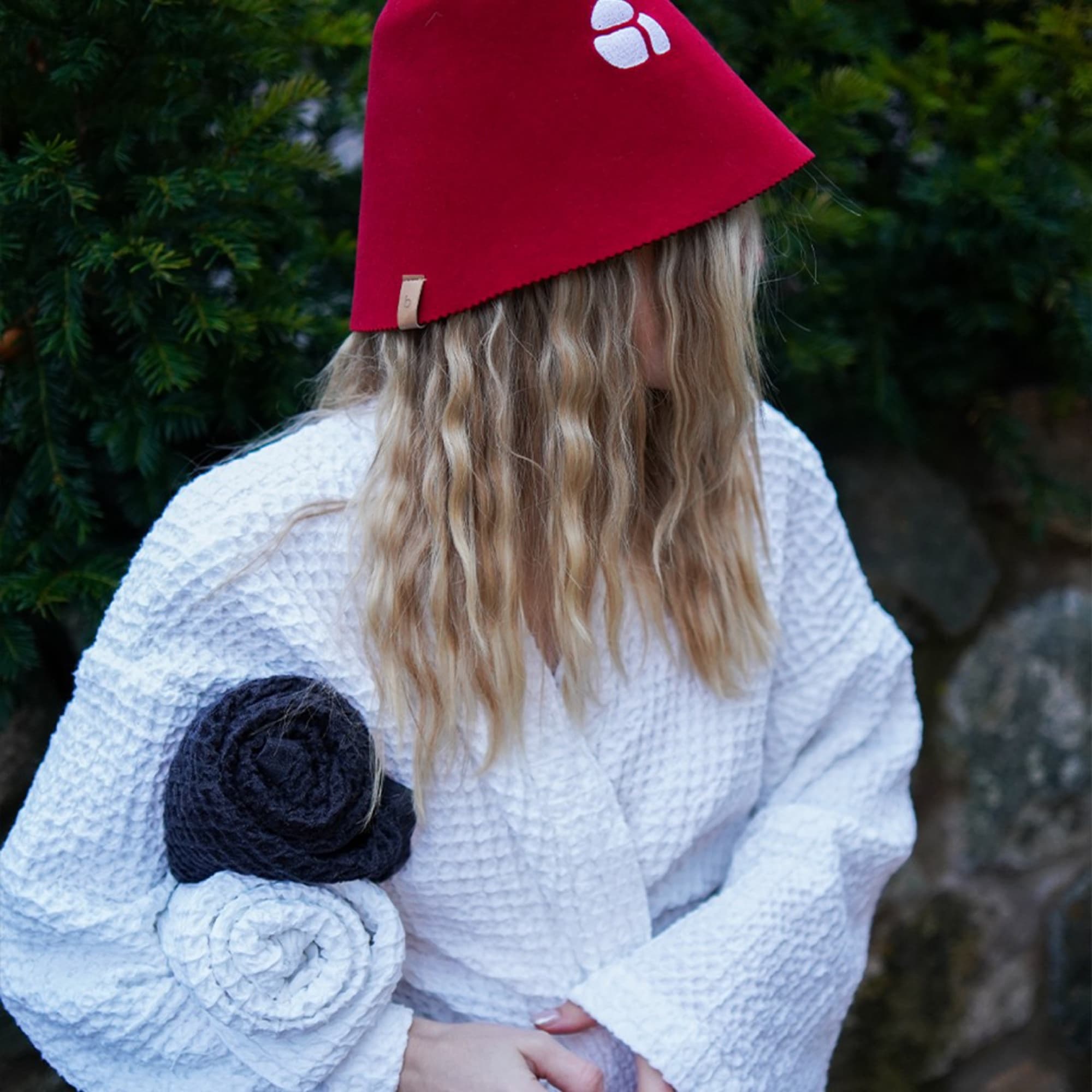 Robe and sauna hat outdoors